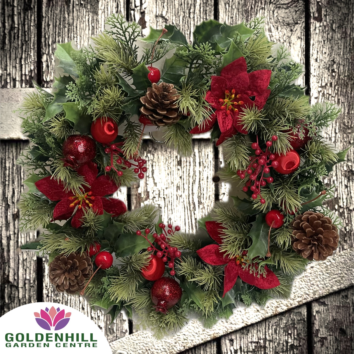 Christmas Wreath With Poinsettias and Baubles