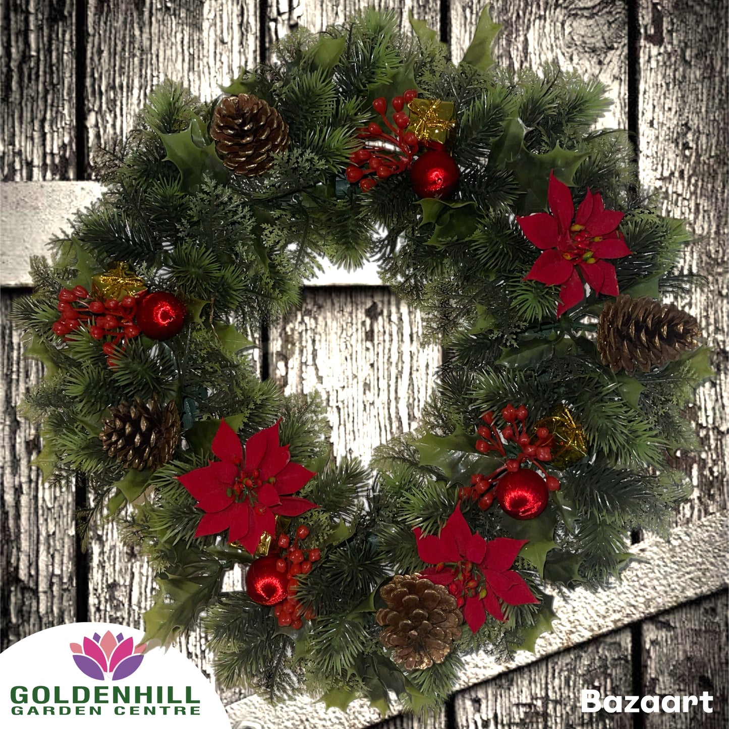 Christmas Artificial Holly Wreath With Red Poinsettias