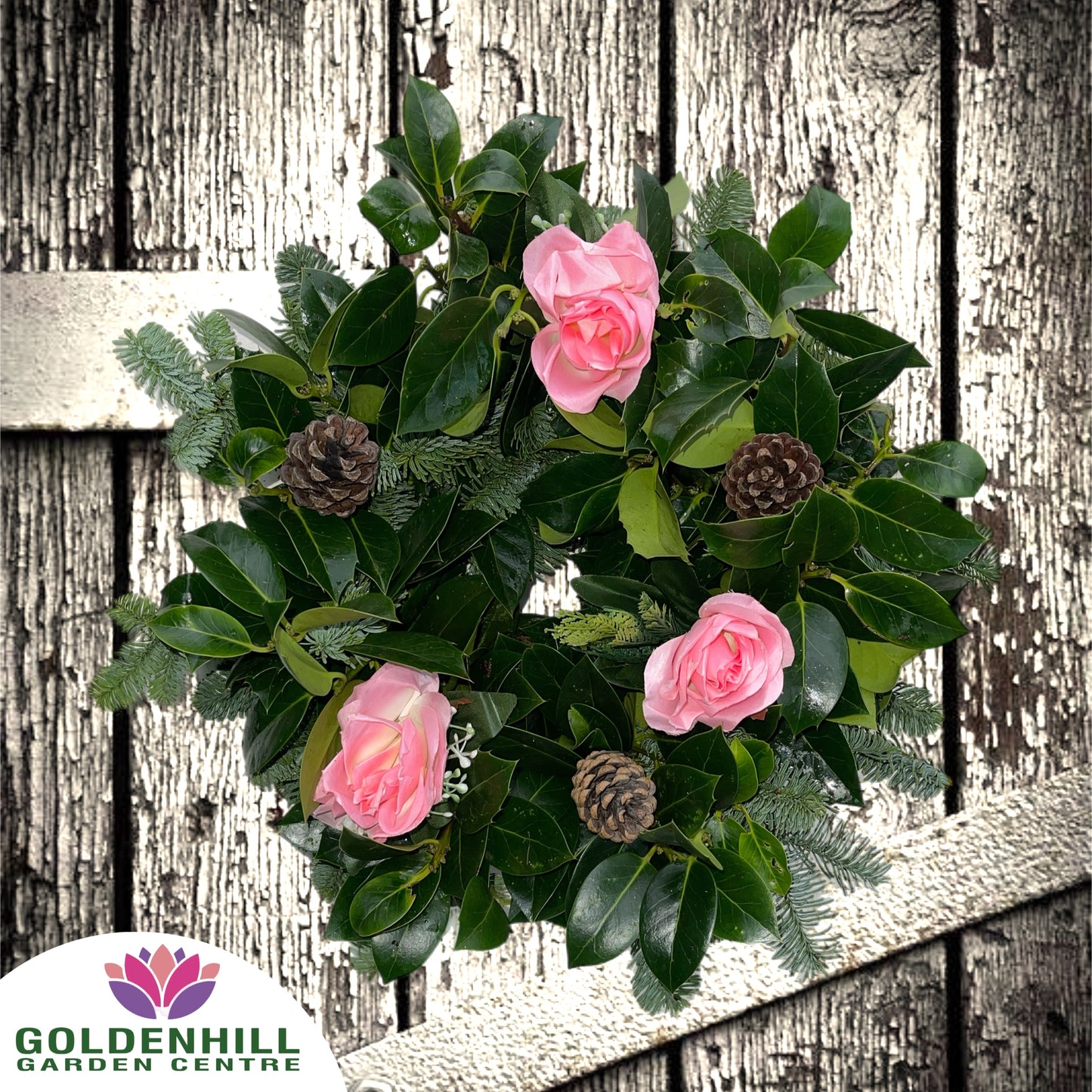 Traditional Holly Wreath with Flowers & Pine Cones