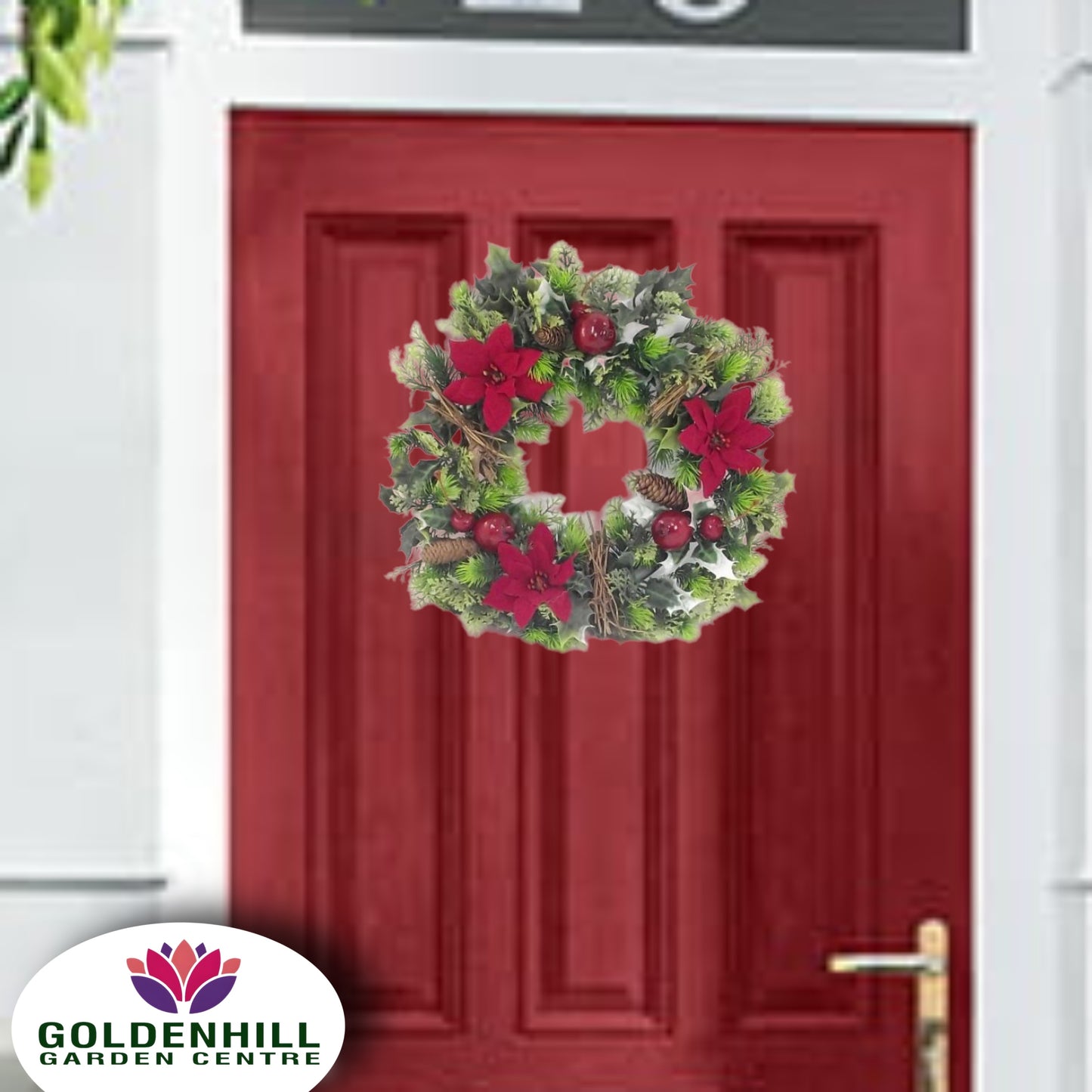 Christmas Wreath Artificial Velvet Poinsettias Snow