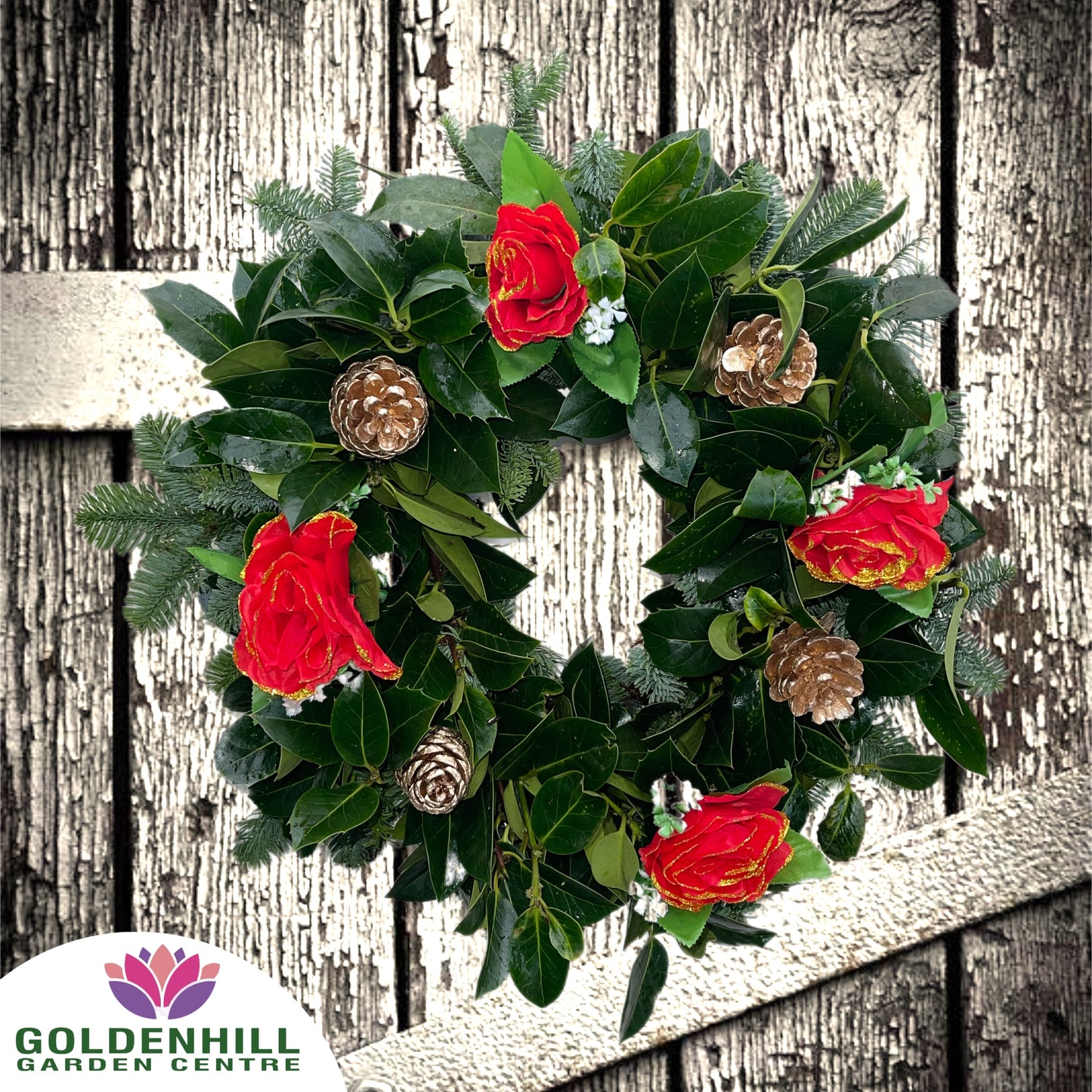 Traditional Holly Wreath with Christmas Flowers & Pine Cones