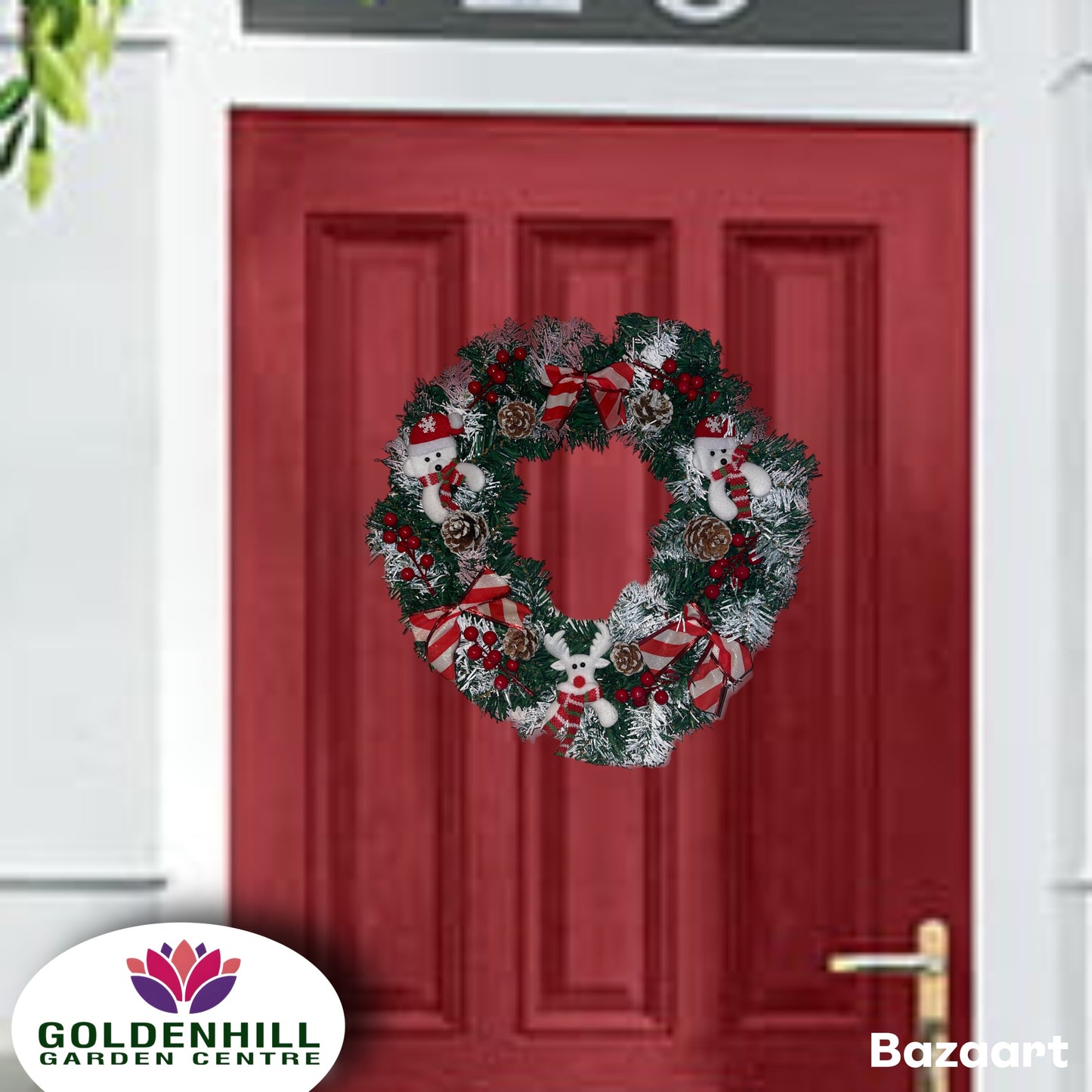 Large Spruce Wreath With Felt Characters, Cones, Berries And Bows. Red/White