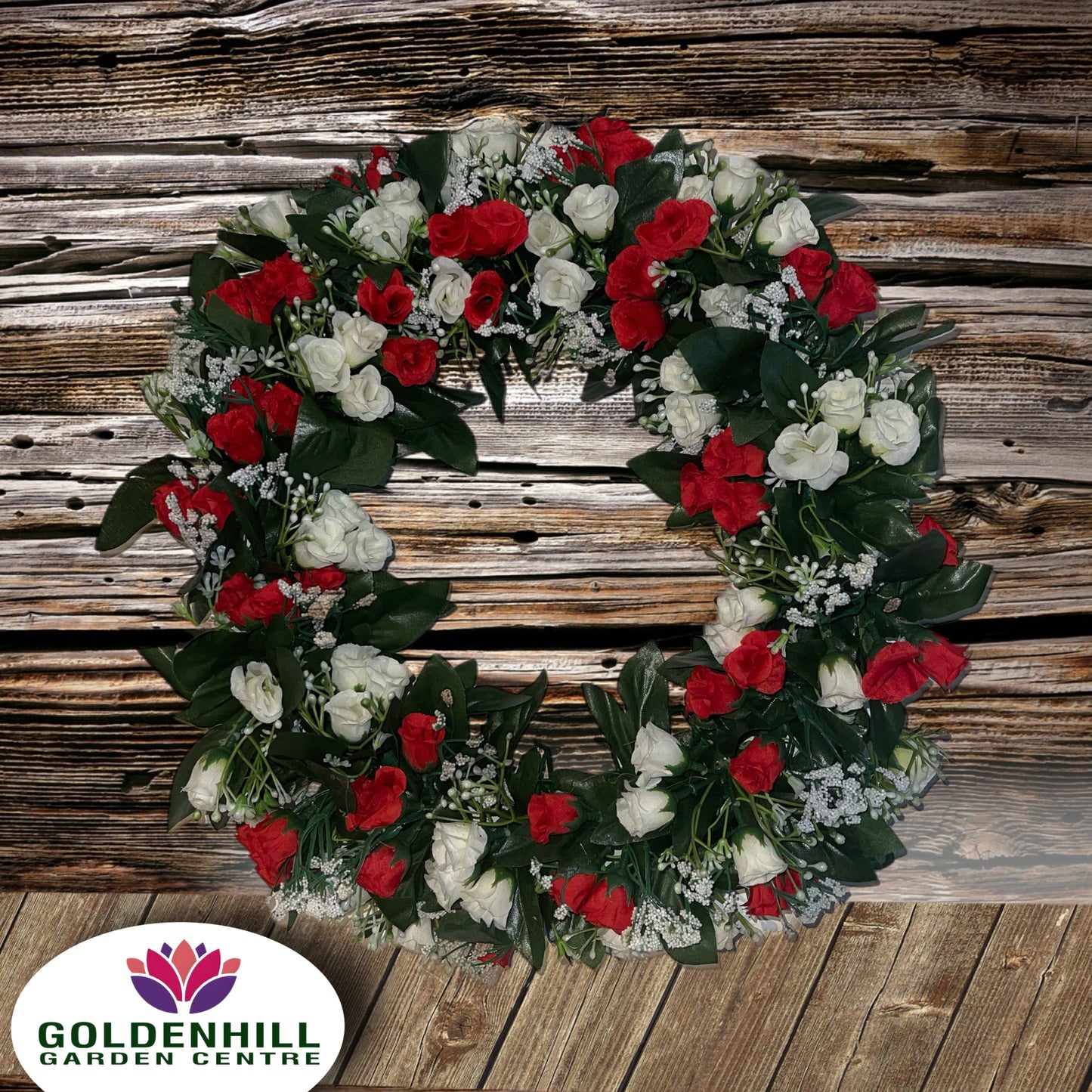 Christmas Artificial Wreath Red & White Rose Bud & Gyp
