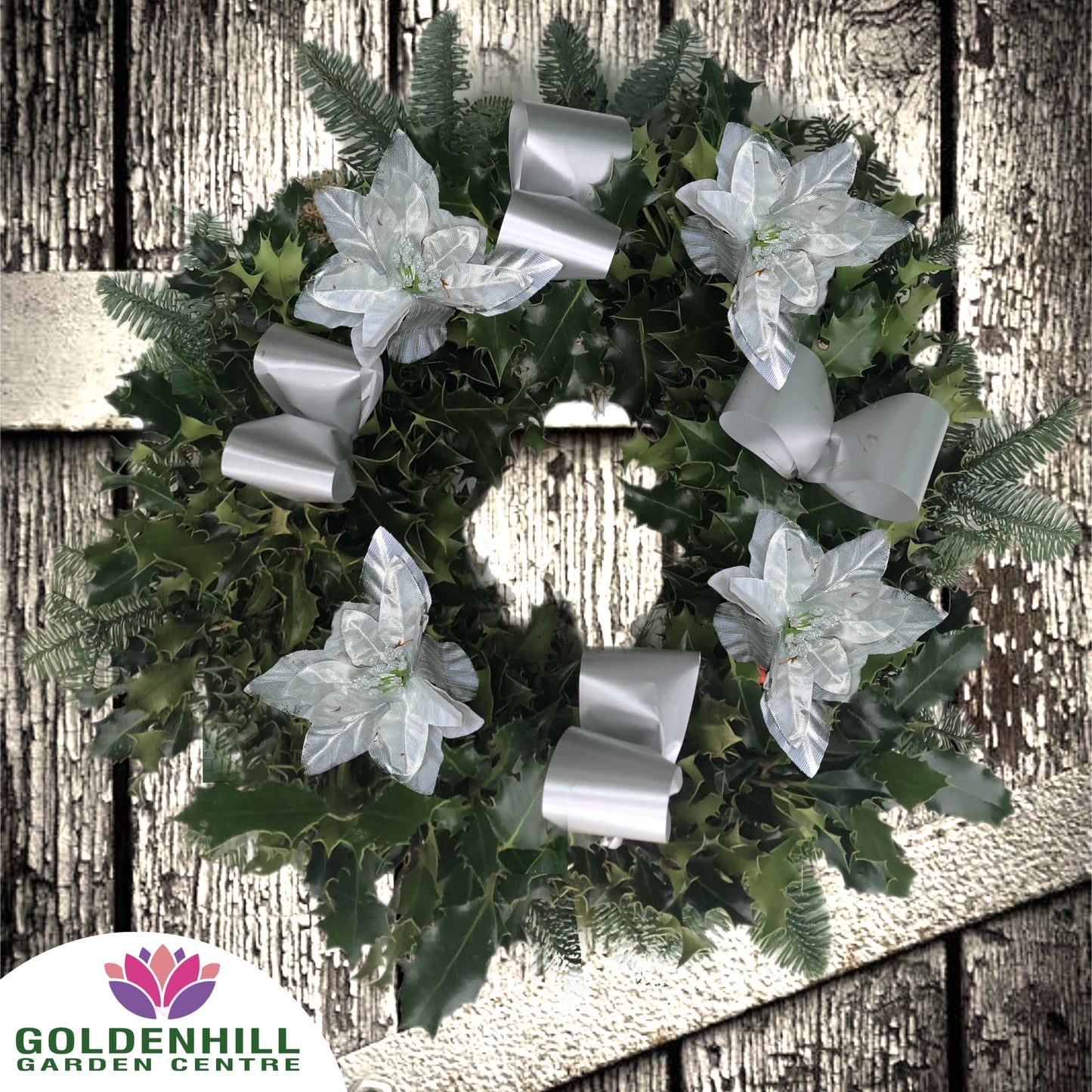 Traditional Holly Wreath with Ribbons & Christmas flowers