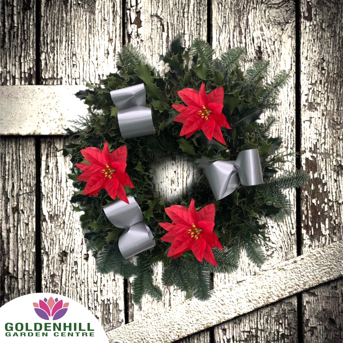 Traditional Holly Wreath with Ribbons & Christmas flowers