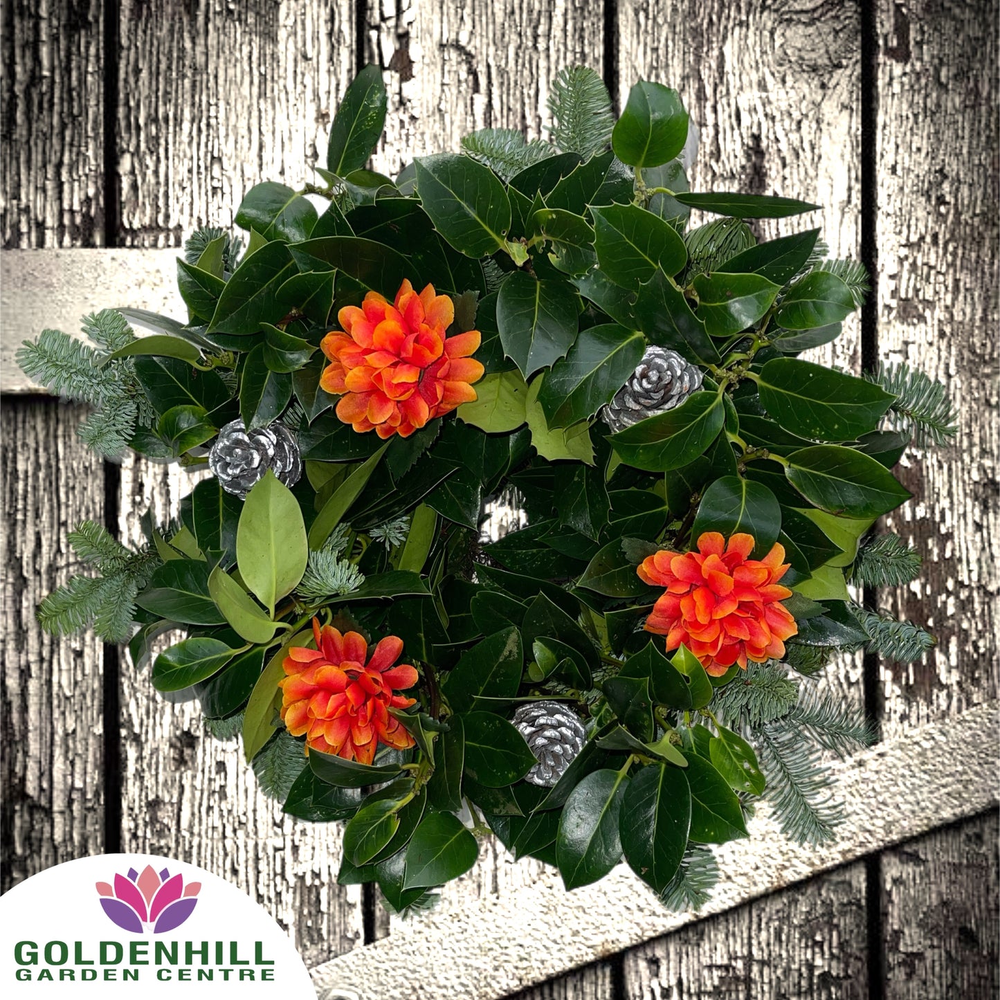 Traditional Holly Wreath with Flowers & Pine Cones