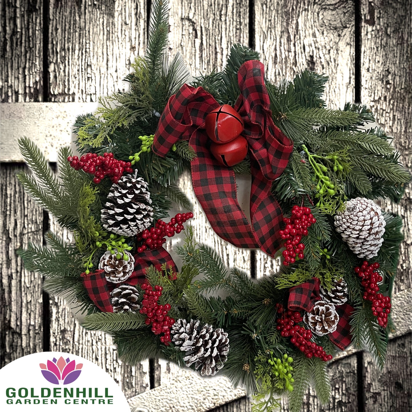 Christmas Wreath With Christmas
Spruce & Pine, With Snow Cones Bell & Tarton Bow Red & Green