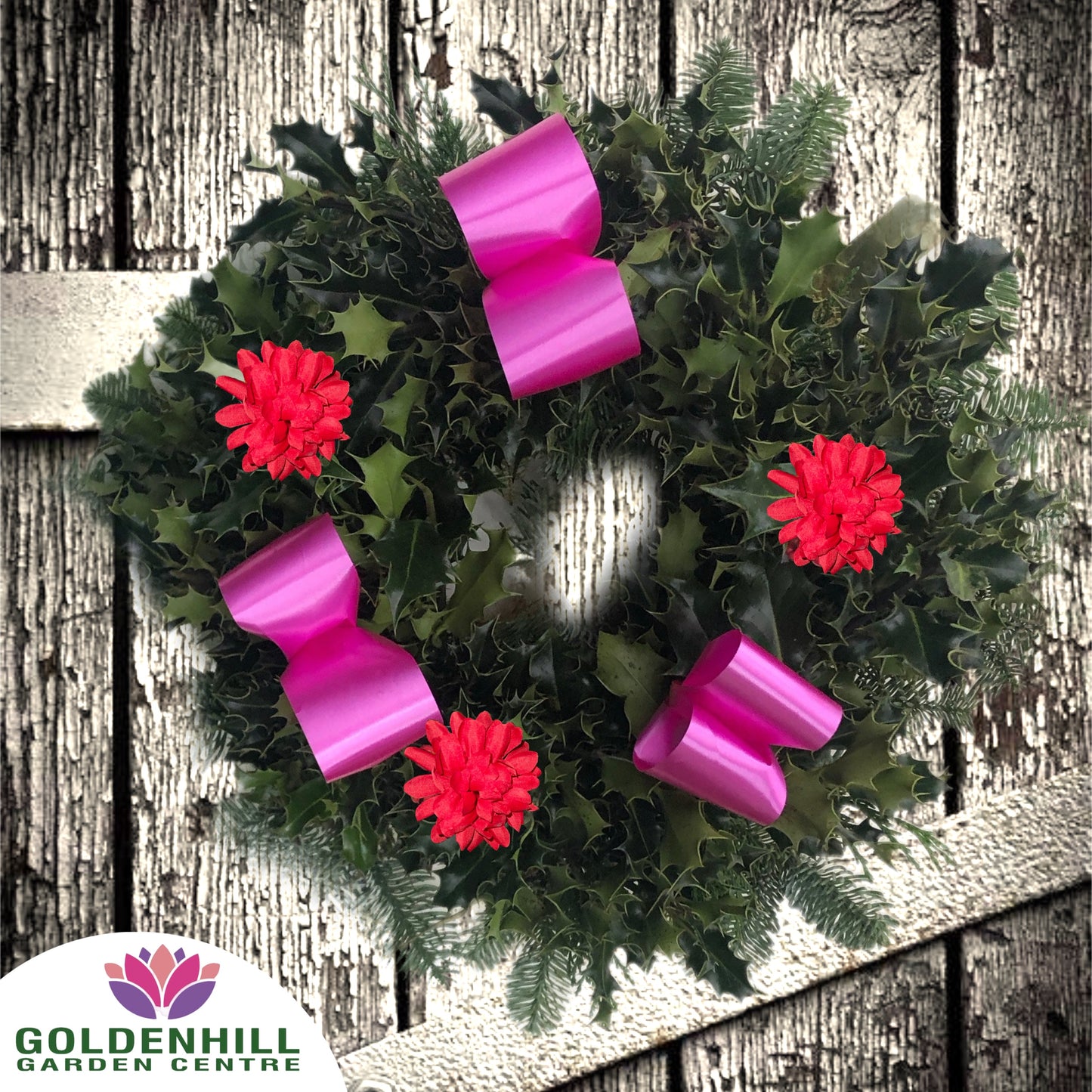 Traditional Holly Wreath Small with Flowers & Ribbons