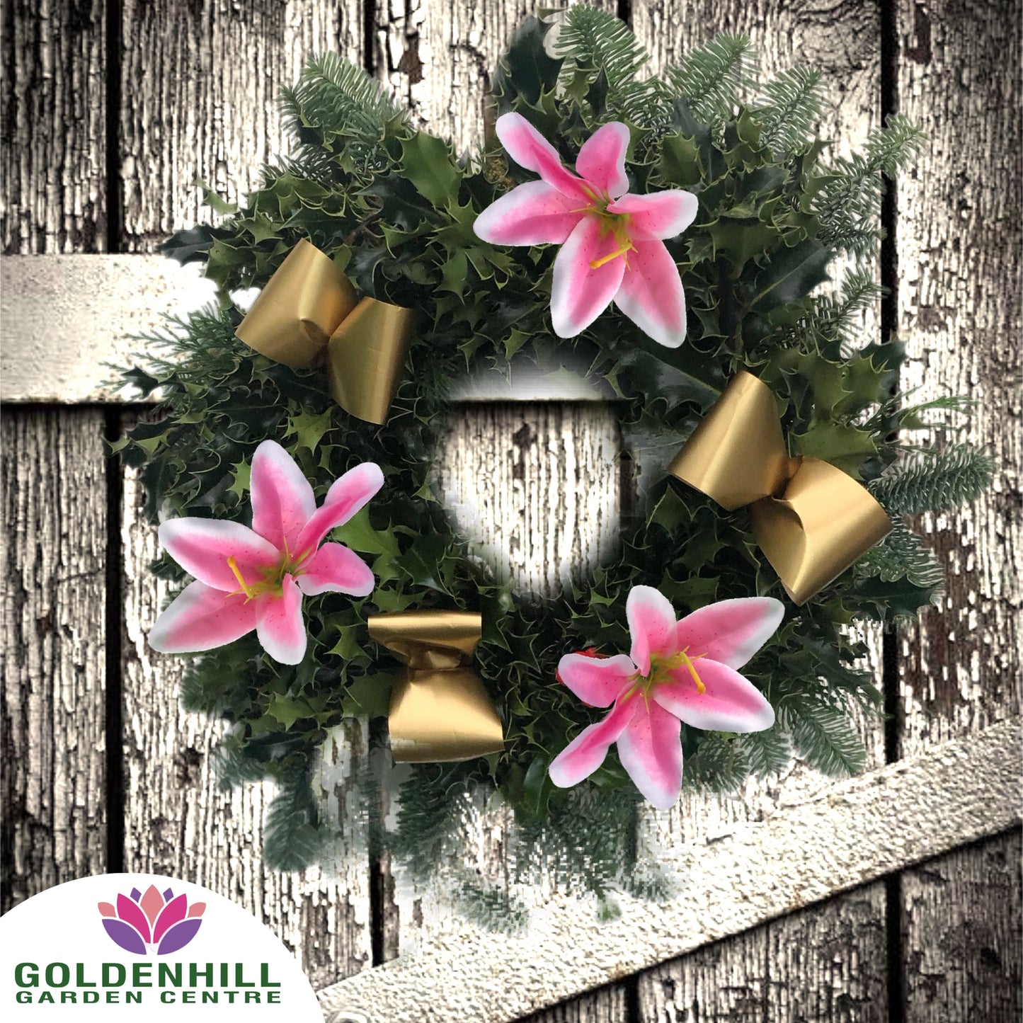 Traditional Holly Wreath Small with Flowers & Ribbons
