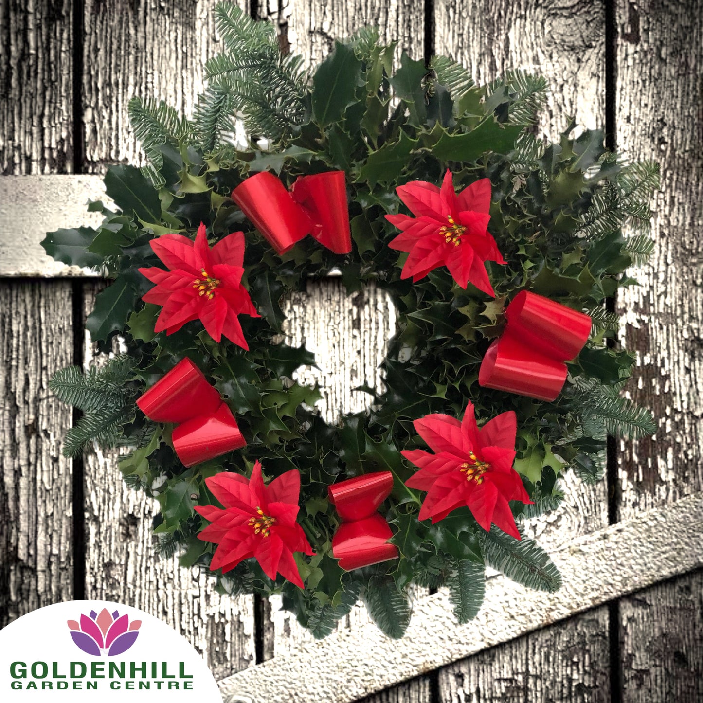 Traditional Holly Wreath with Ribbons & Christmas flowers