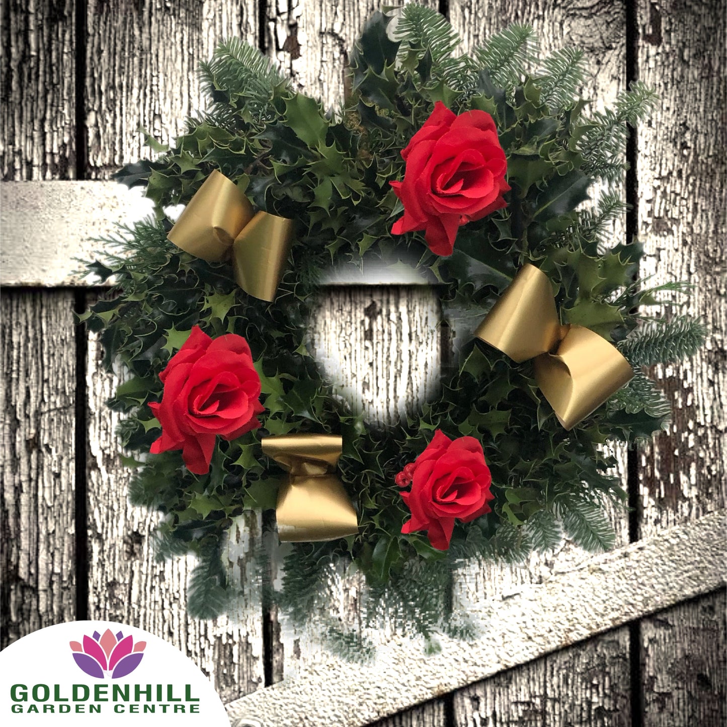 Traditional Holly Wreath Small with Flowers & Ribbons