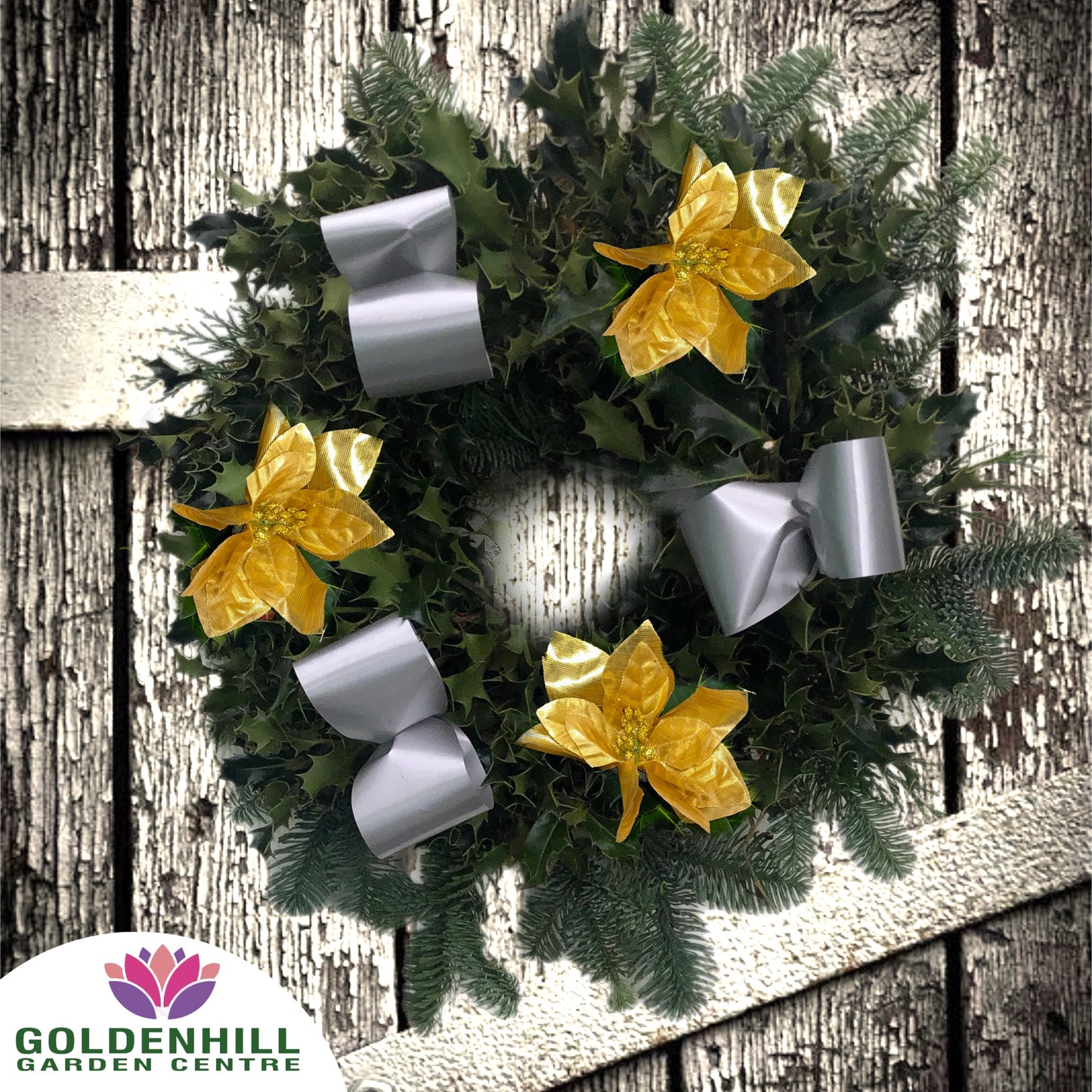 Traditional Holly Wreath with Ribbons & Christmas flowers
