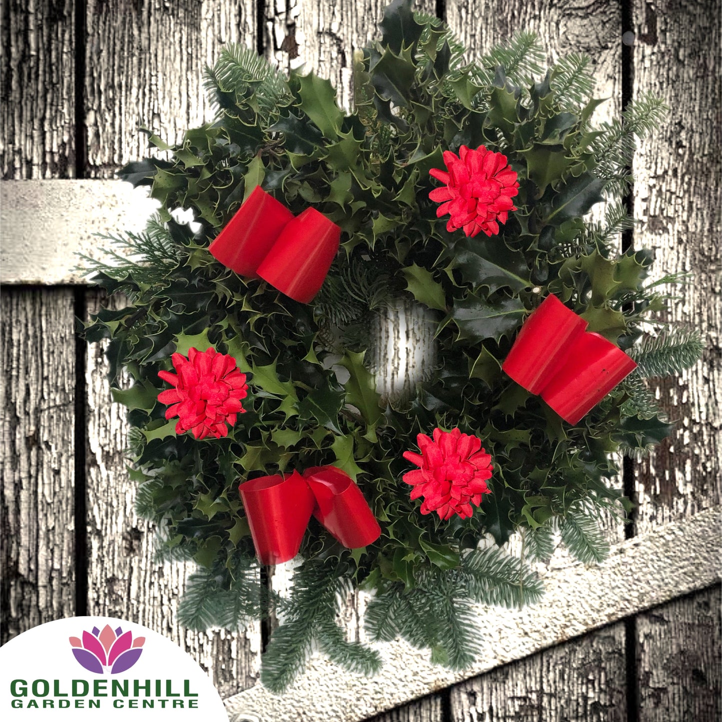Traditional Holly Wreath Small with Flowers & Ribbons