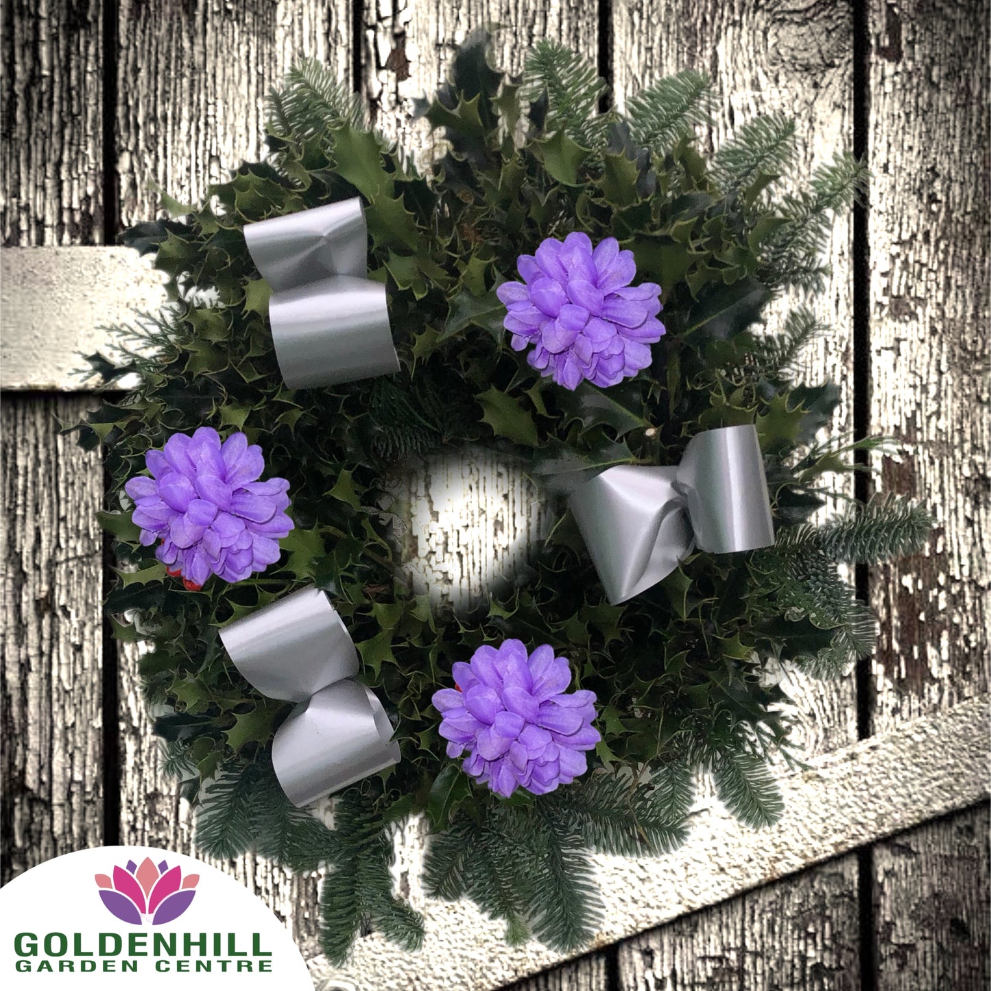 Traditional Holly Wreath Small with Flowers & Ribbons