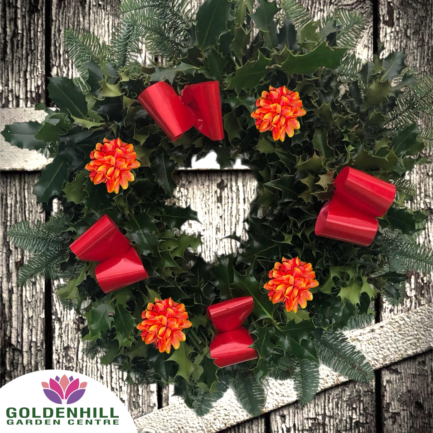 Traditional Holly Wreath Large with Flowers & Ribbons