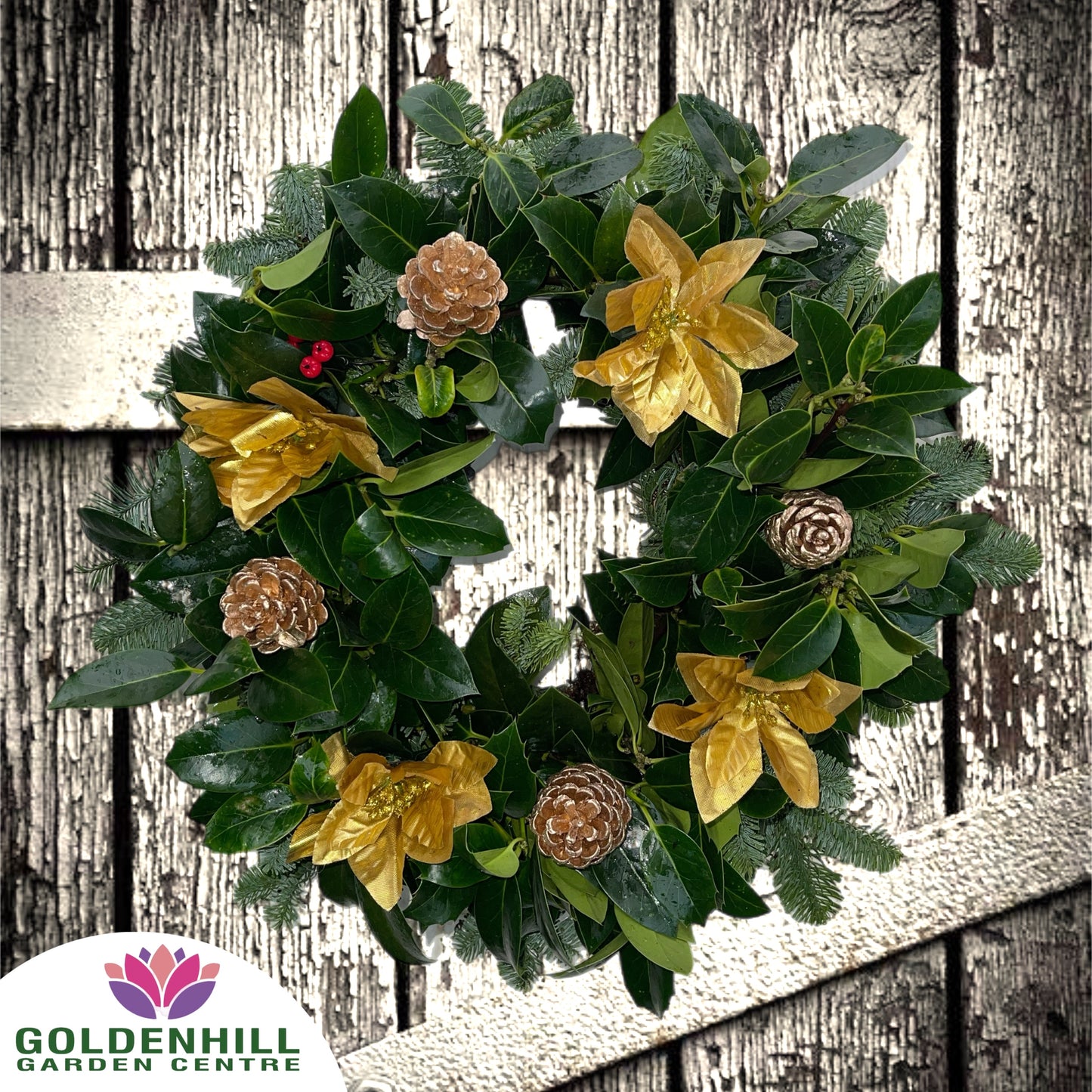Traditional Holly Wreath with Christmas Flowers & Pine Cones