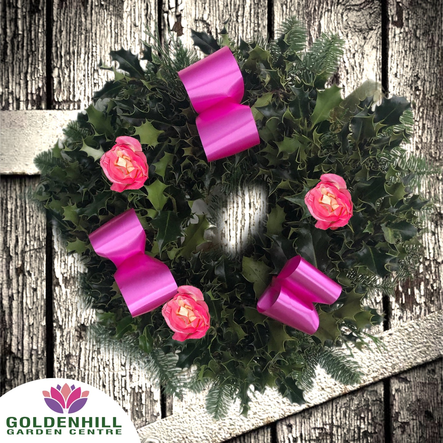 Traditional Holly Wreath Small with Flowers & Ribbons