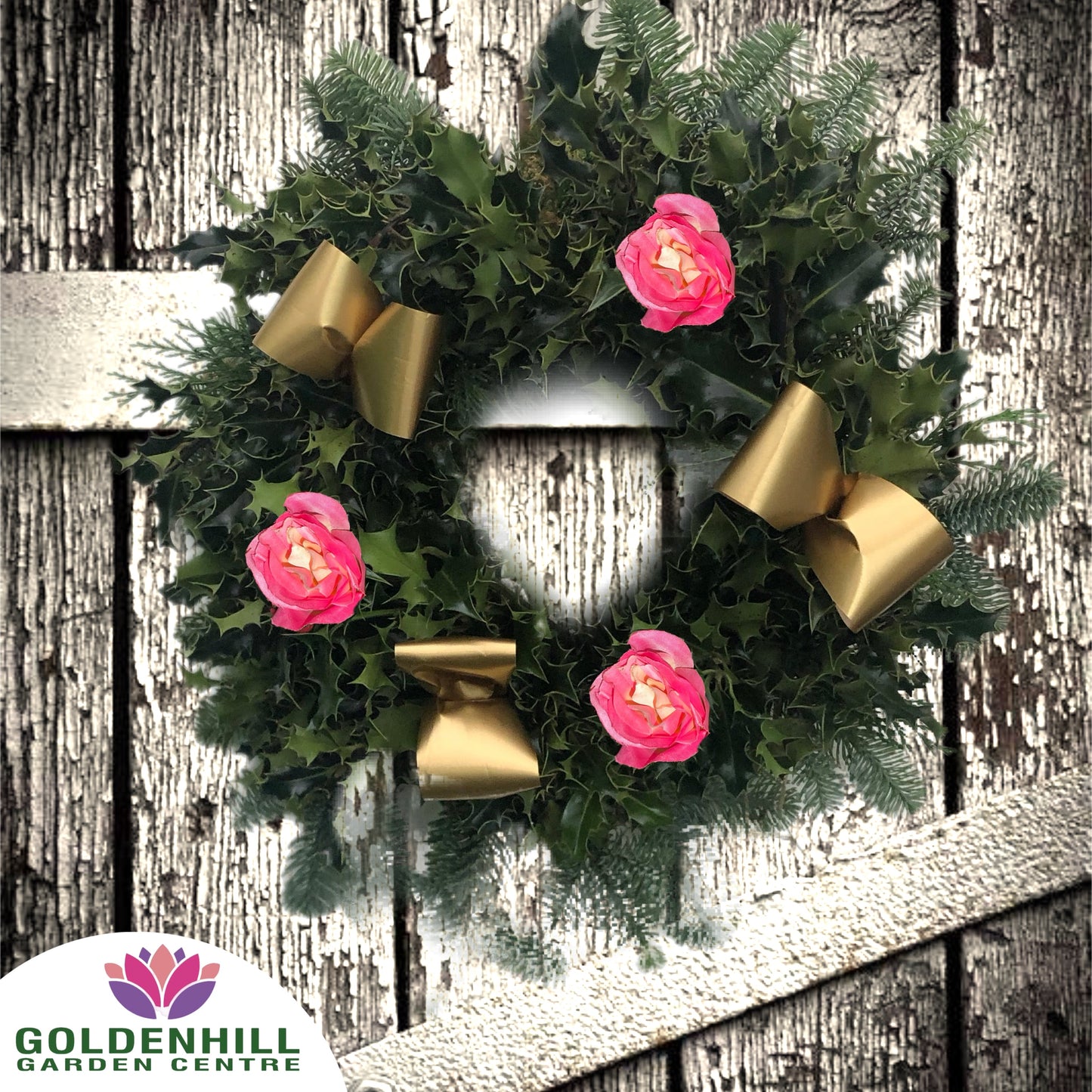 Traditional Holly Wreath Small with Flowers & Ribbons