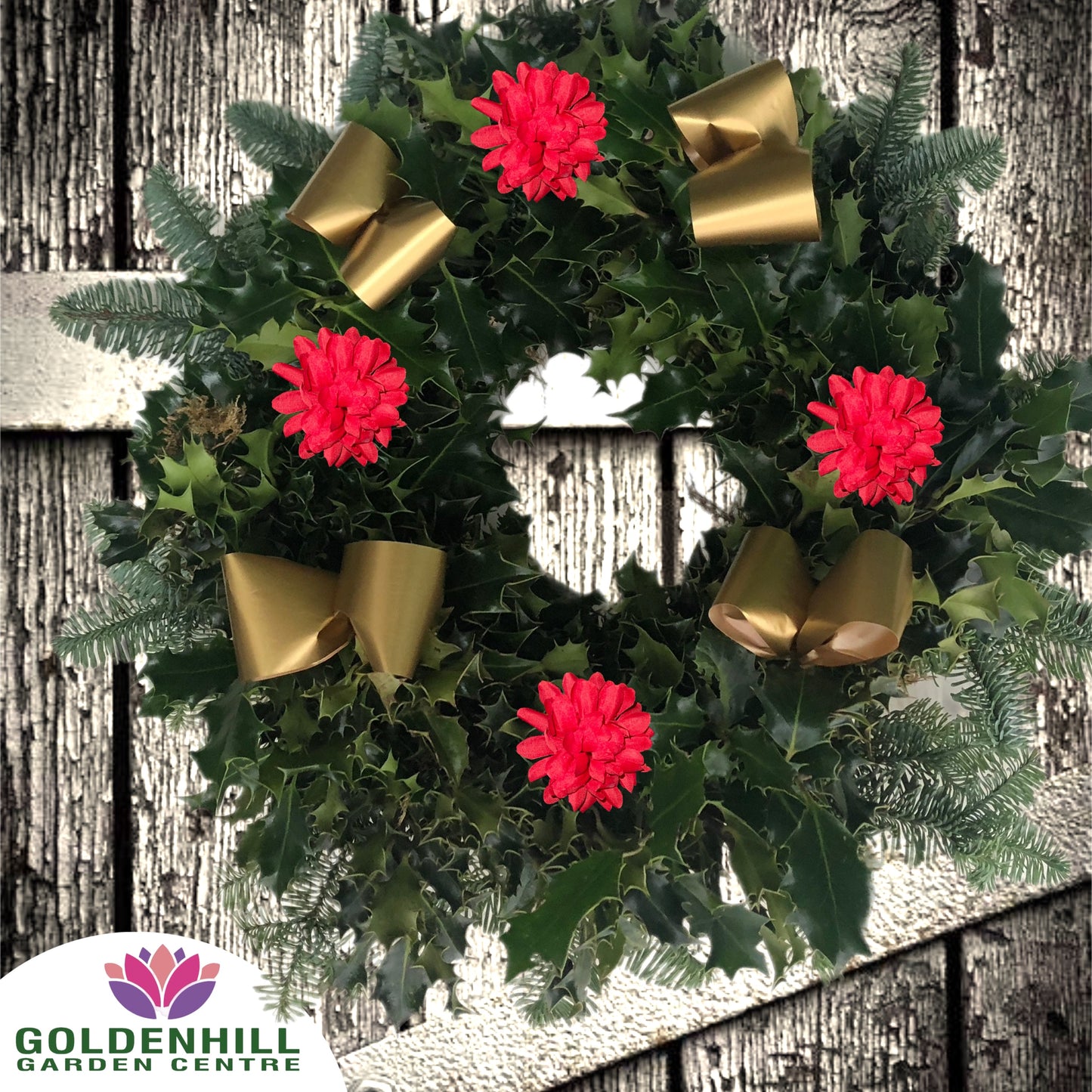 Traditional Holly Wreath Large with Flowers & Ribbons