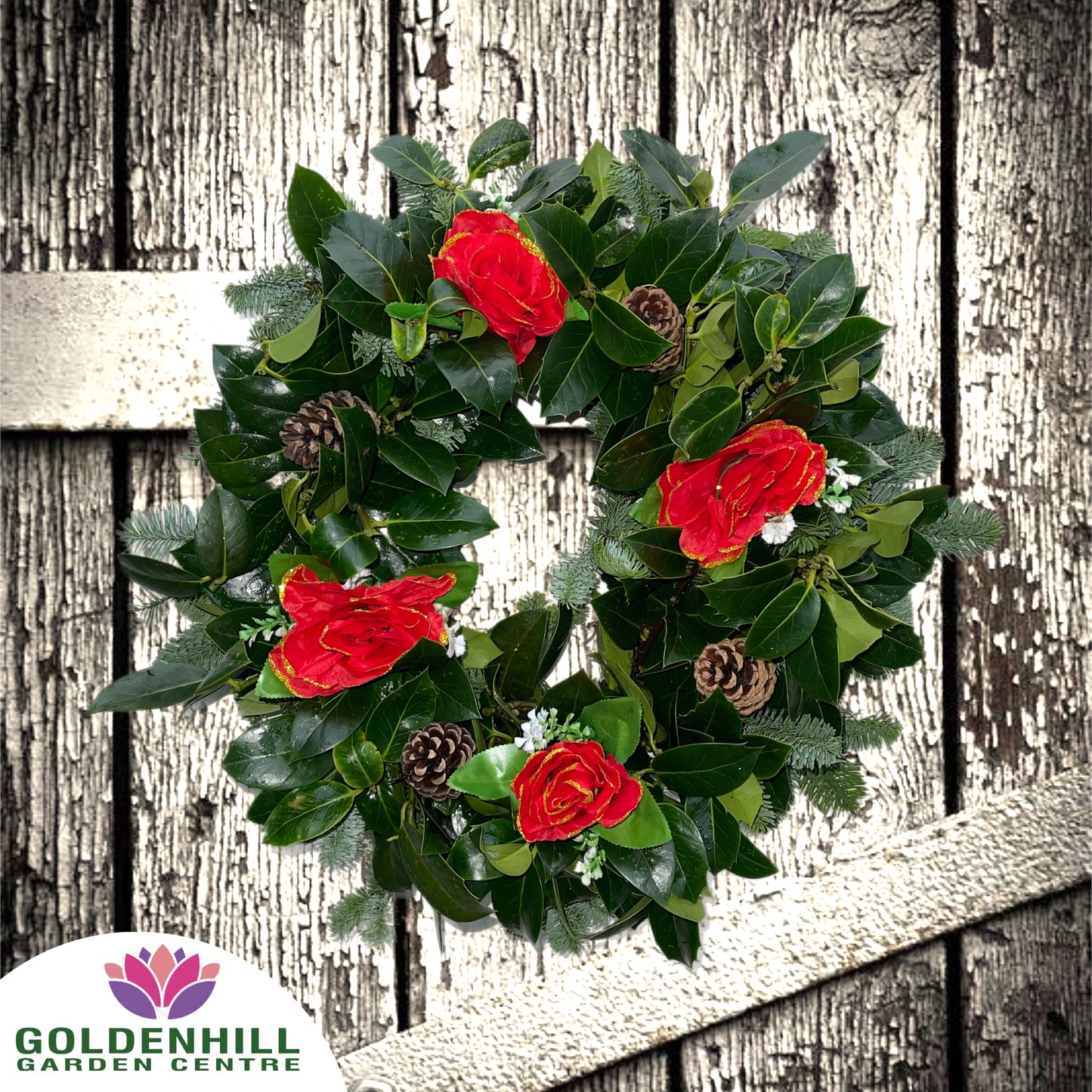 Traditional Holly Wreath with Christmas Flowers & Pine Cones
