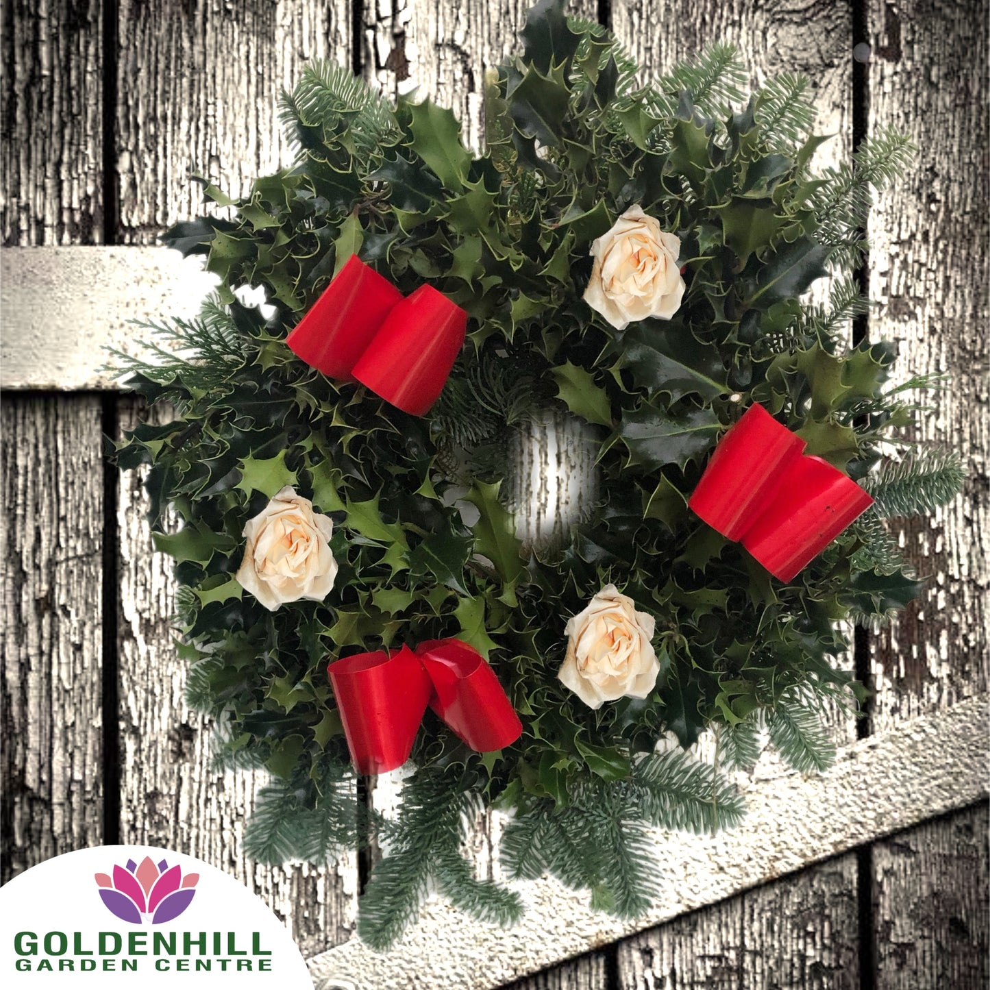 Traditional Holly Wreath Small with Flowers & Ribbons