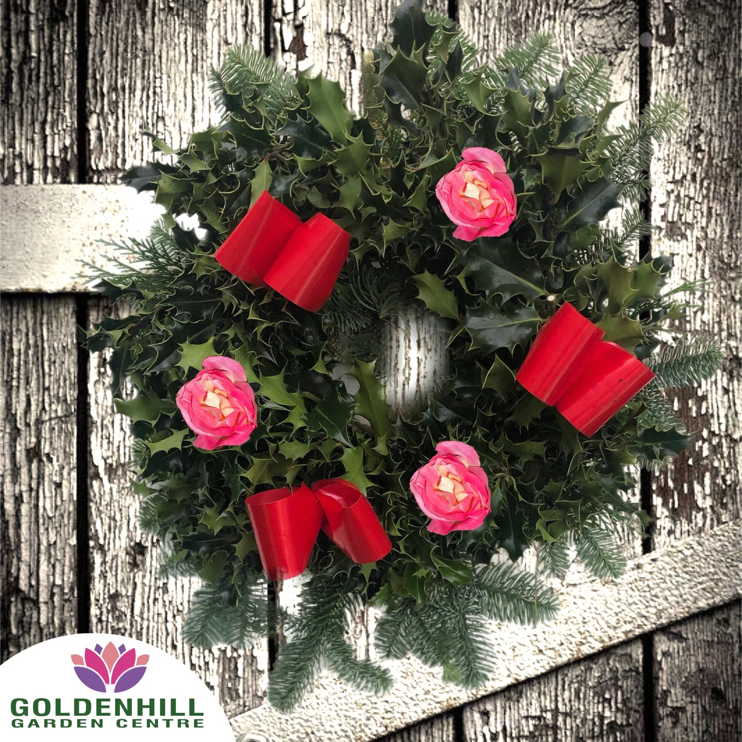 Traditional Holly Wreath Small with Flowers & Ribbons