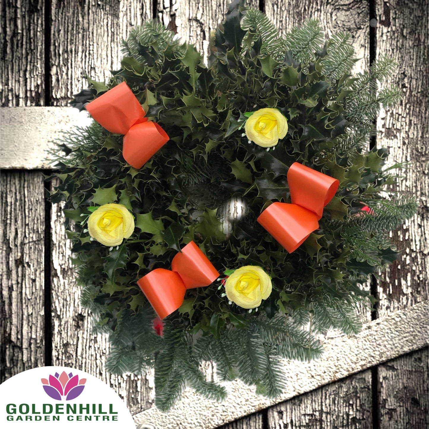 Traditional Holly Wreath Small with Flowers & Ribbons