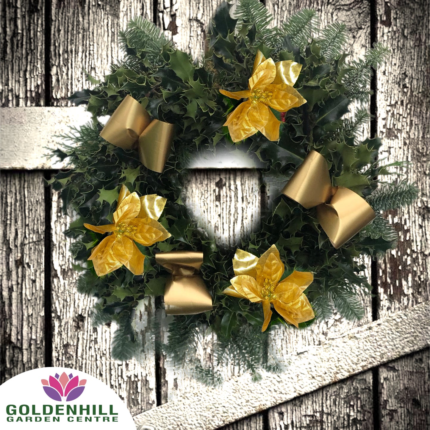Traditional Holly Wreath with Ribbons & Christmas flowers