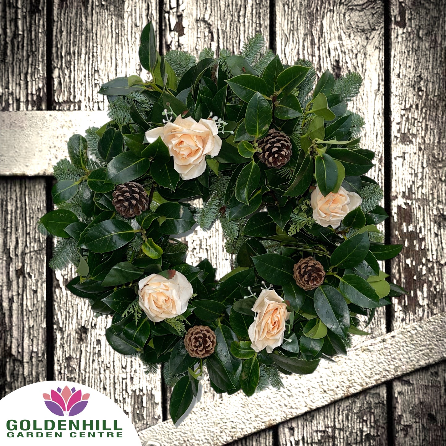 Traditional Holly Wreath with Flowers & Pine Cones