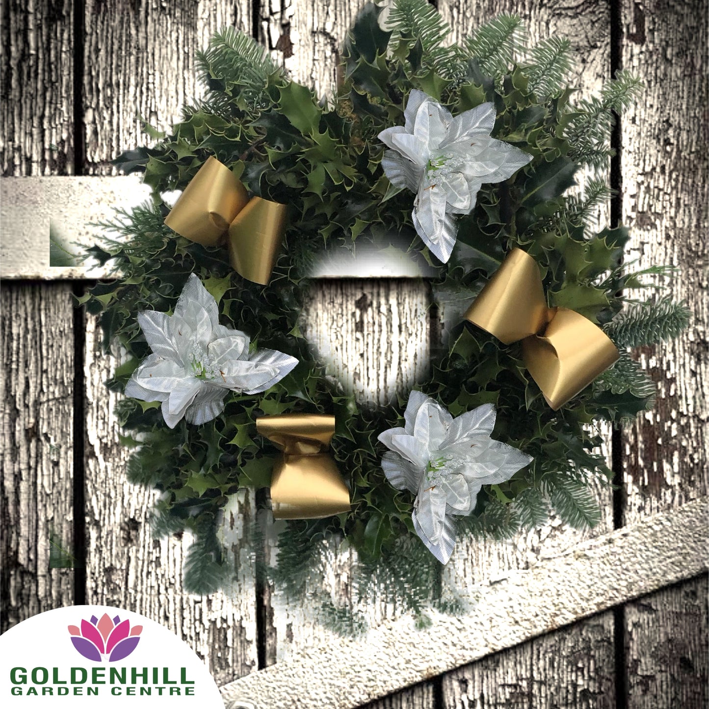 Traditional Holly Wreath with Ribbons & Christmas flowers