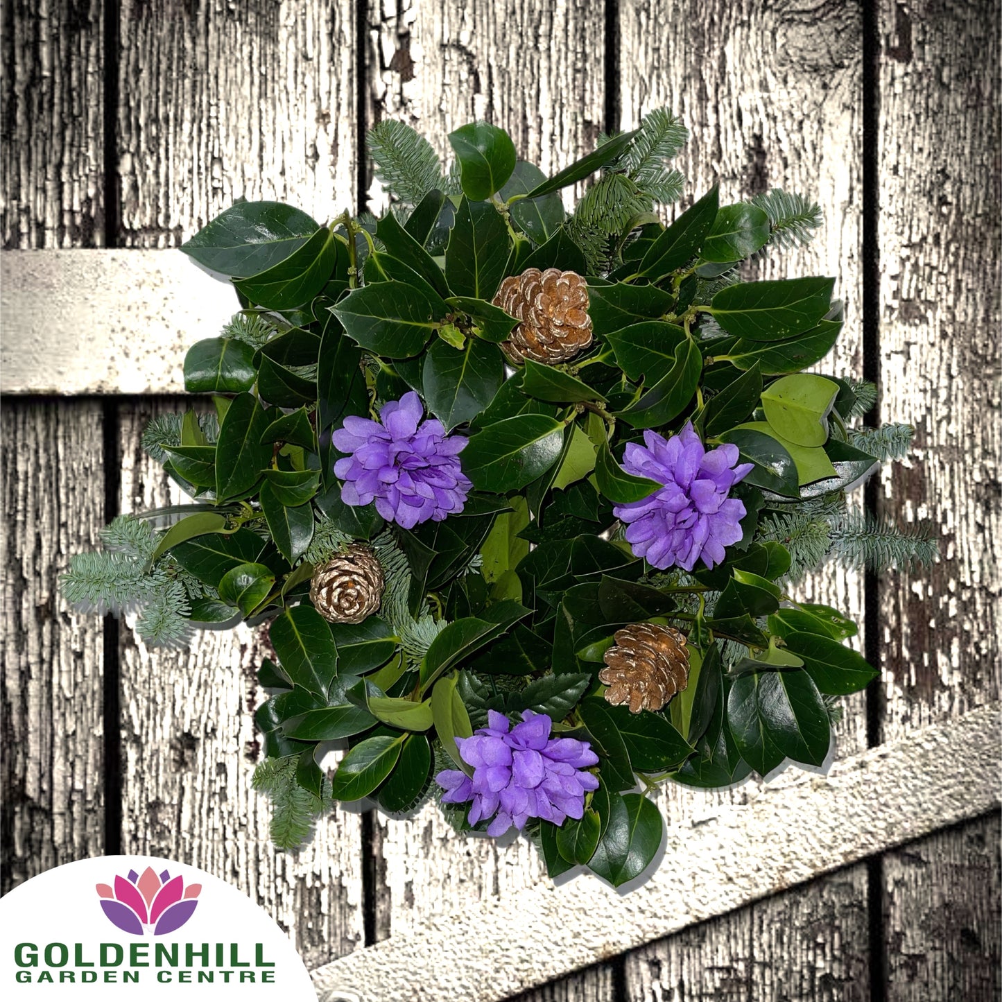 Traditional Holly Wreath with Flowers & Pine Cones