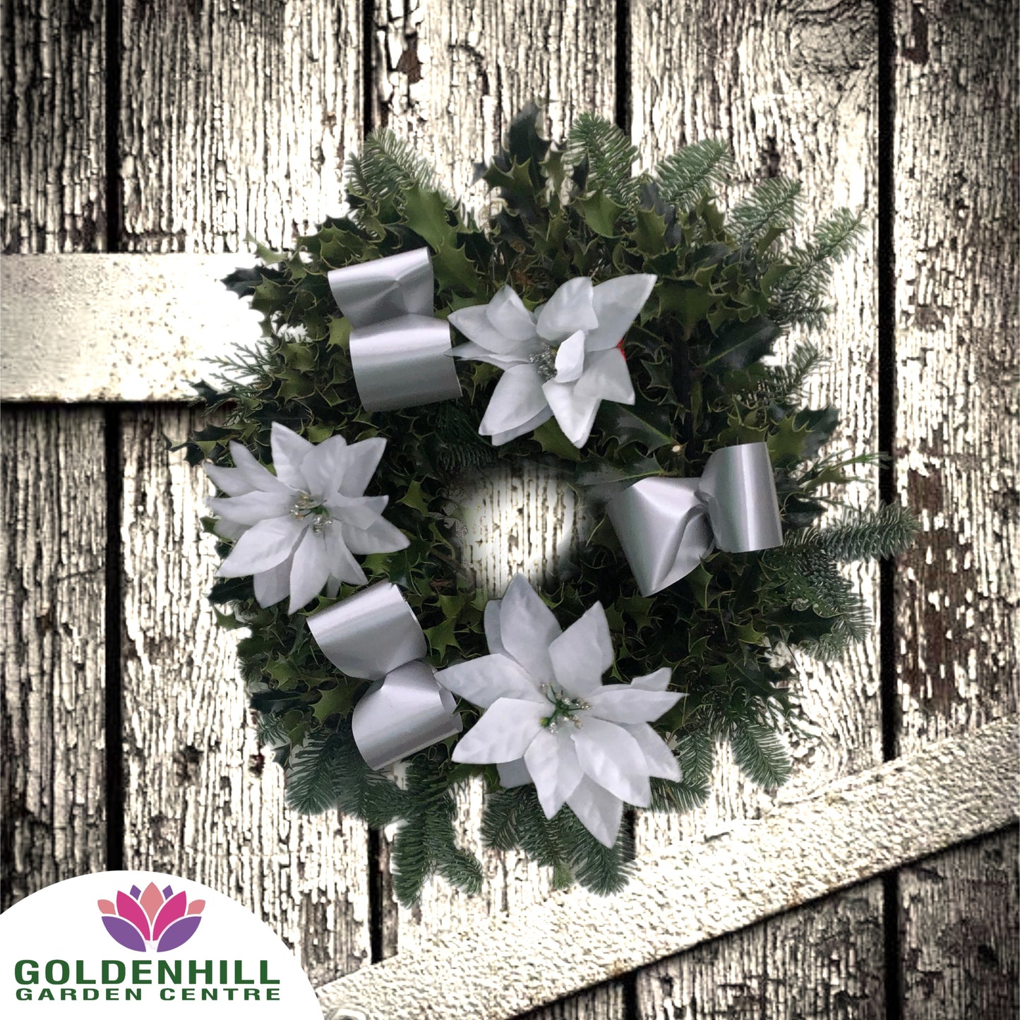 Traditional Holly Wreath with Ribbons & Christmas flowers