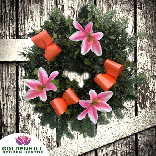 Traditional Holly Wreath Small with Flowers & Ribbons