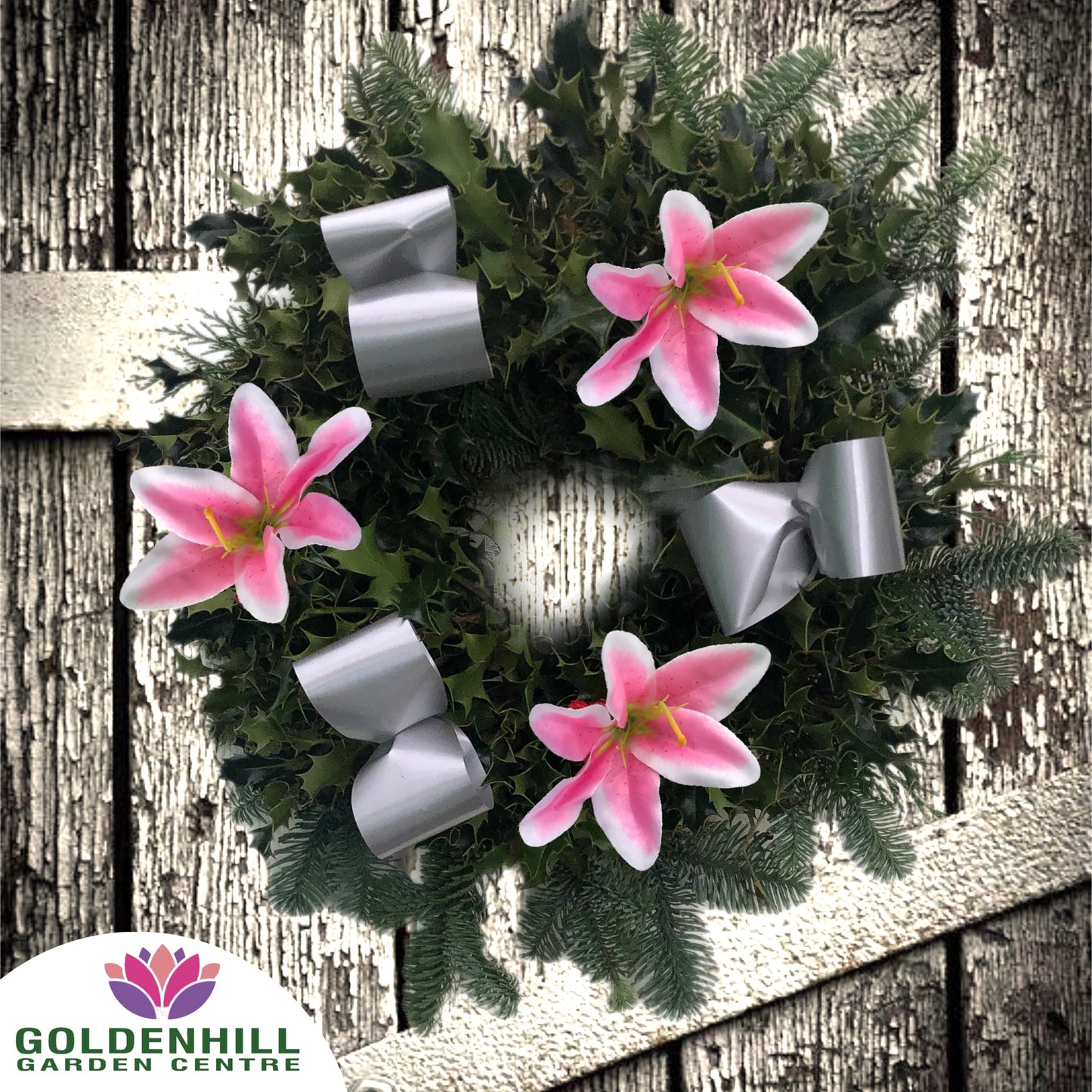 Traditional Holly Wreath Small with Flowers & Ribbons