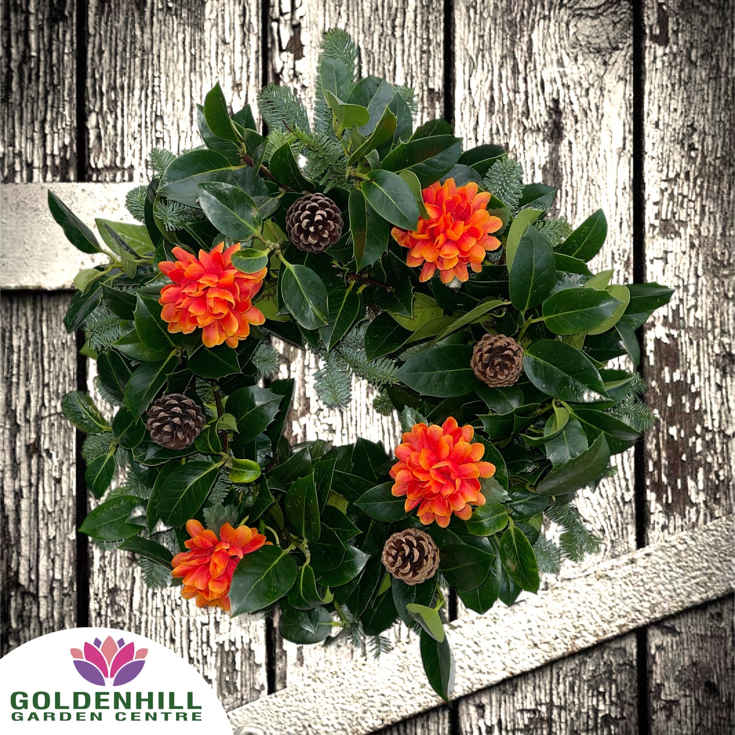 Traditional Holly Wreath with Flowers & Pine Cones