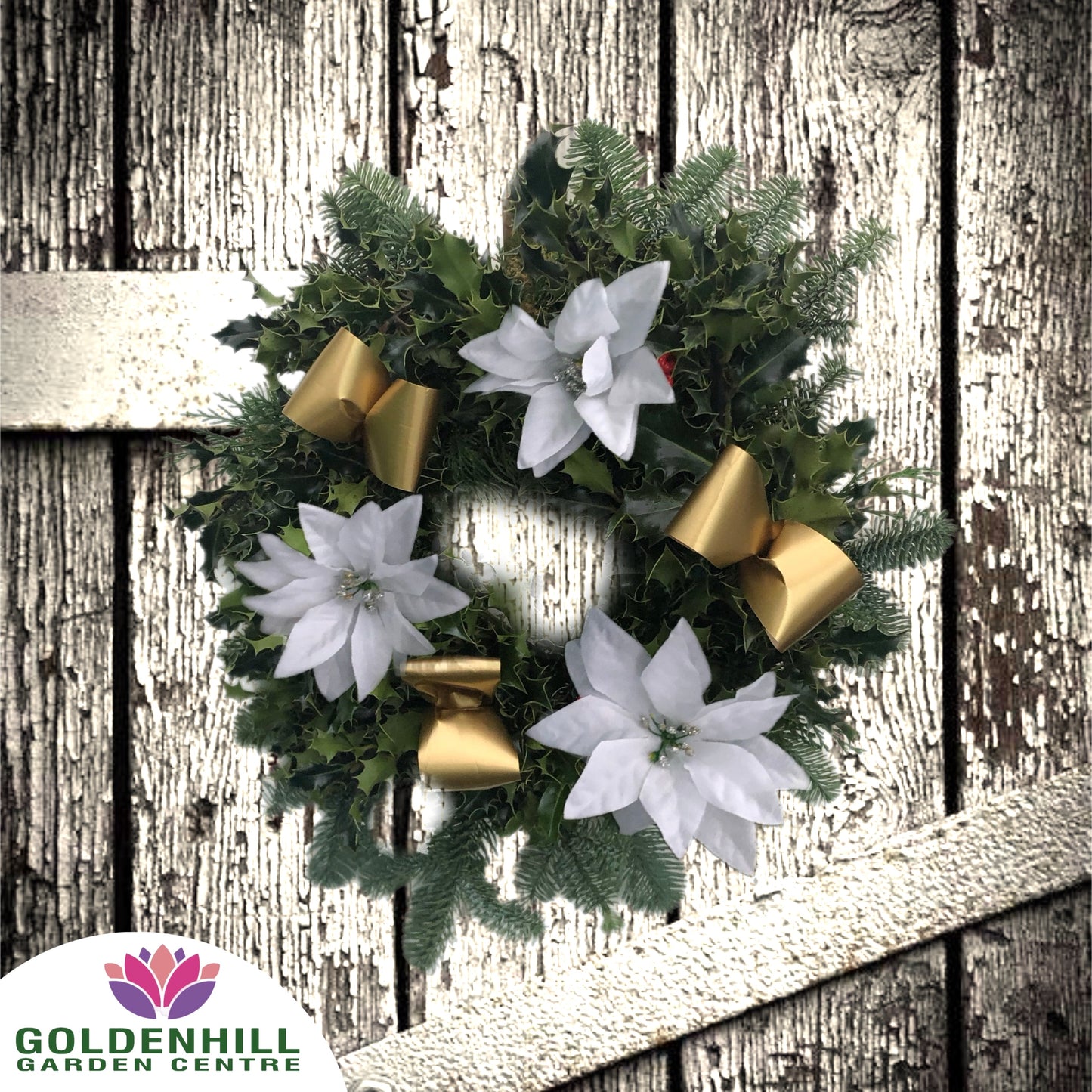 Traditional Holly Wreath with Ribbons & Christmas flowers