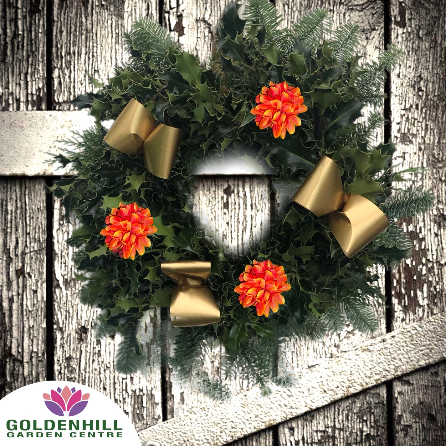Traditional Holly Wreath Small with Flowers & Ribbons