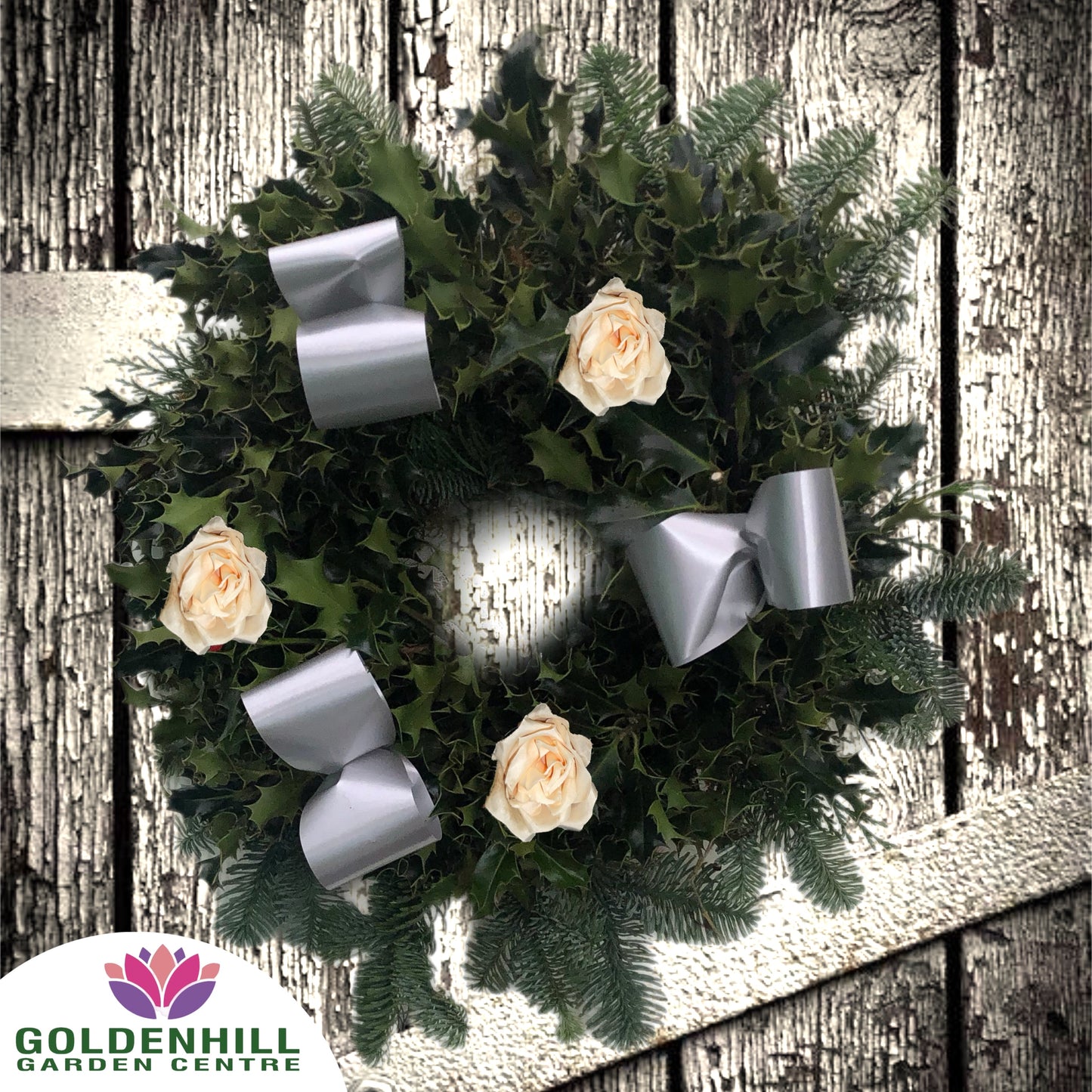 Traditional Holly Wreath Small with Flowers & Ribbons
