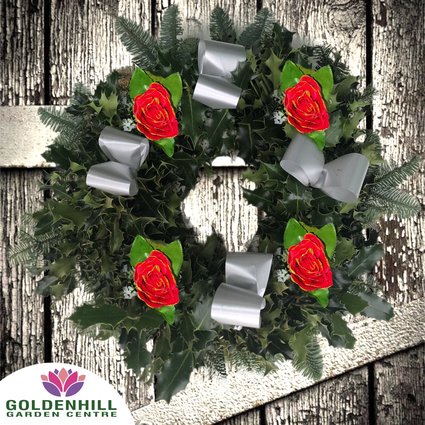 Traditional Holly Wreath with Ribbons & Christmas flowers