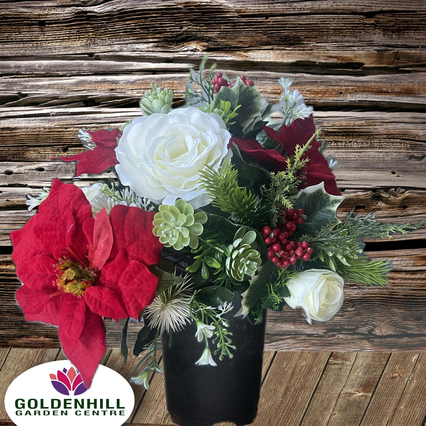 Christmas Silk Flower Grave Pot Poinsettias