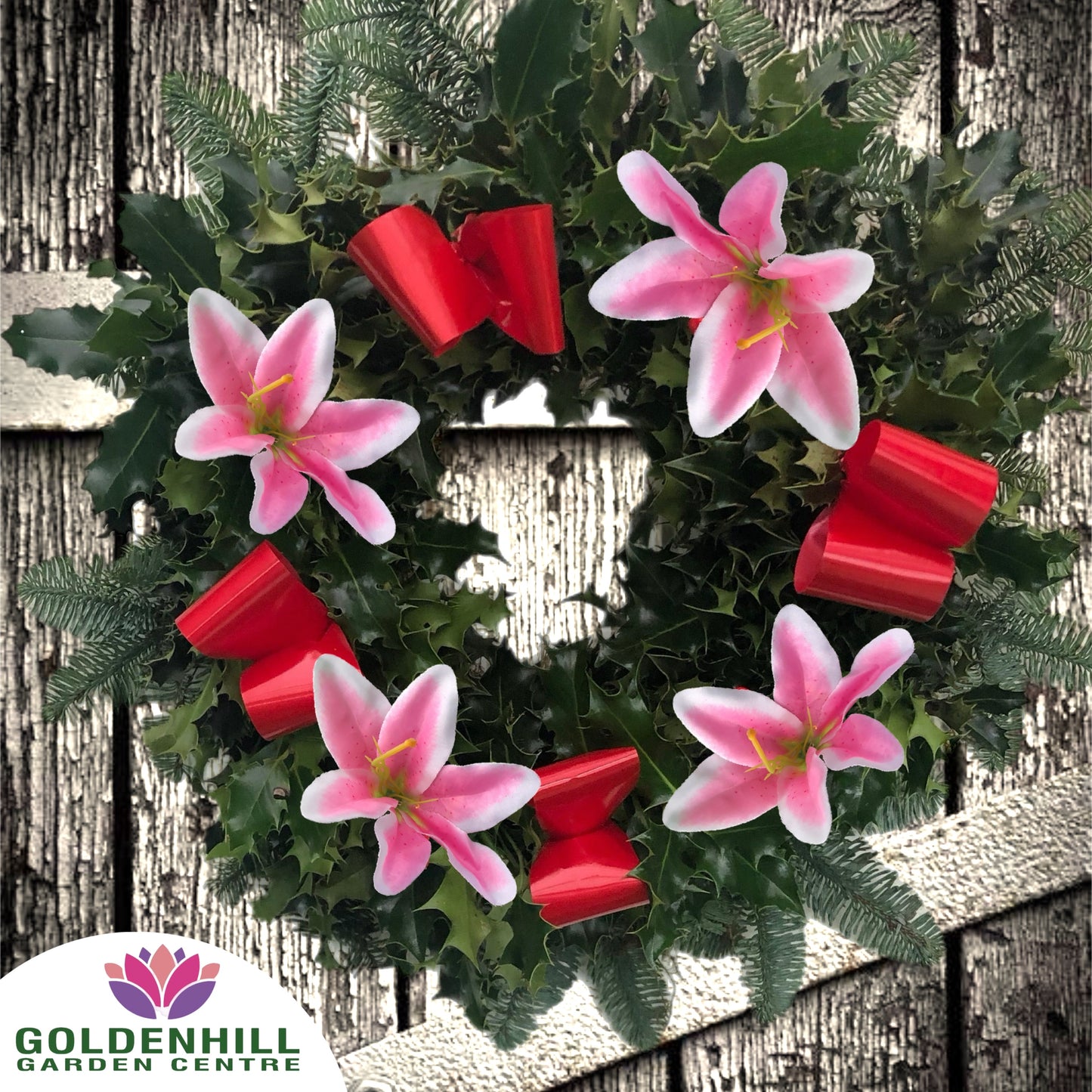 Traditional Holly Wreath Large with Flowers & Ribbons