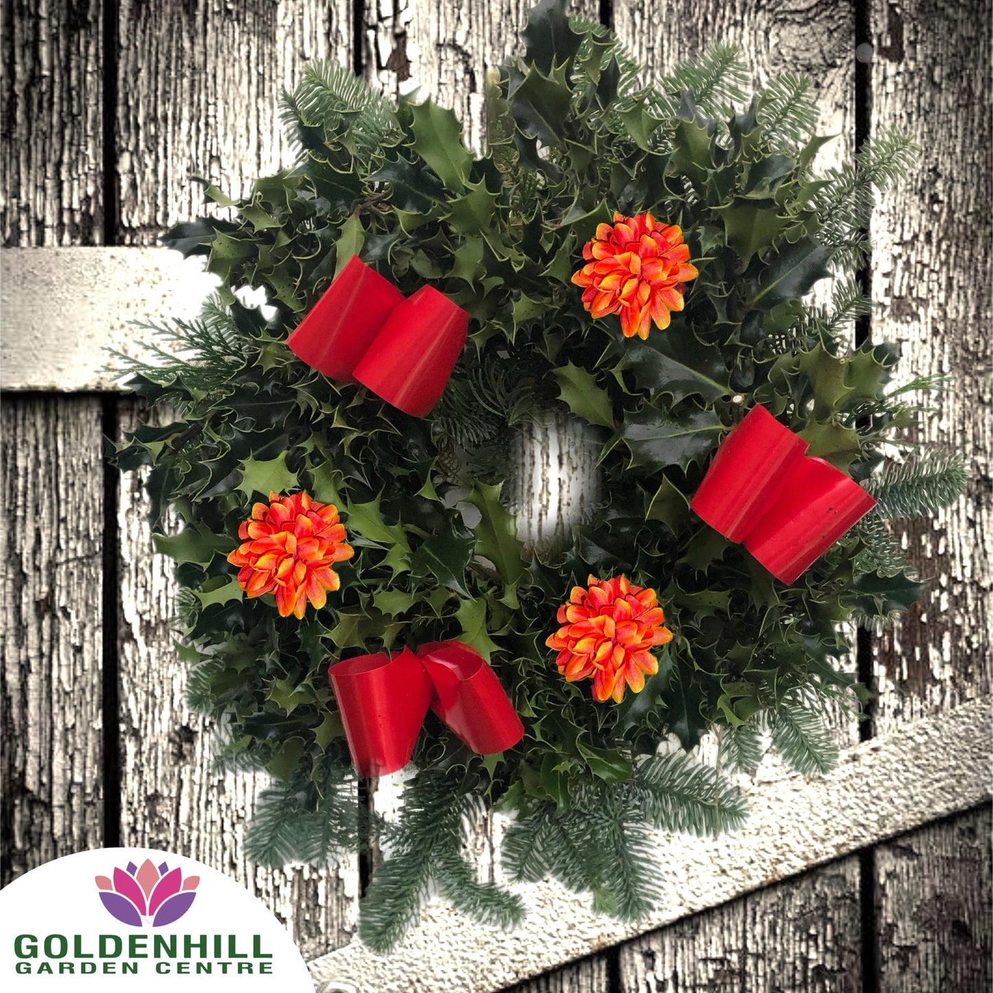 Traditional Holly Wreath Small with Flowers & Ribbons