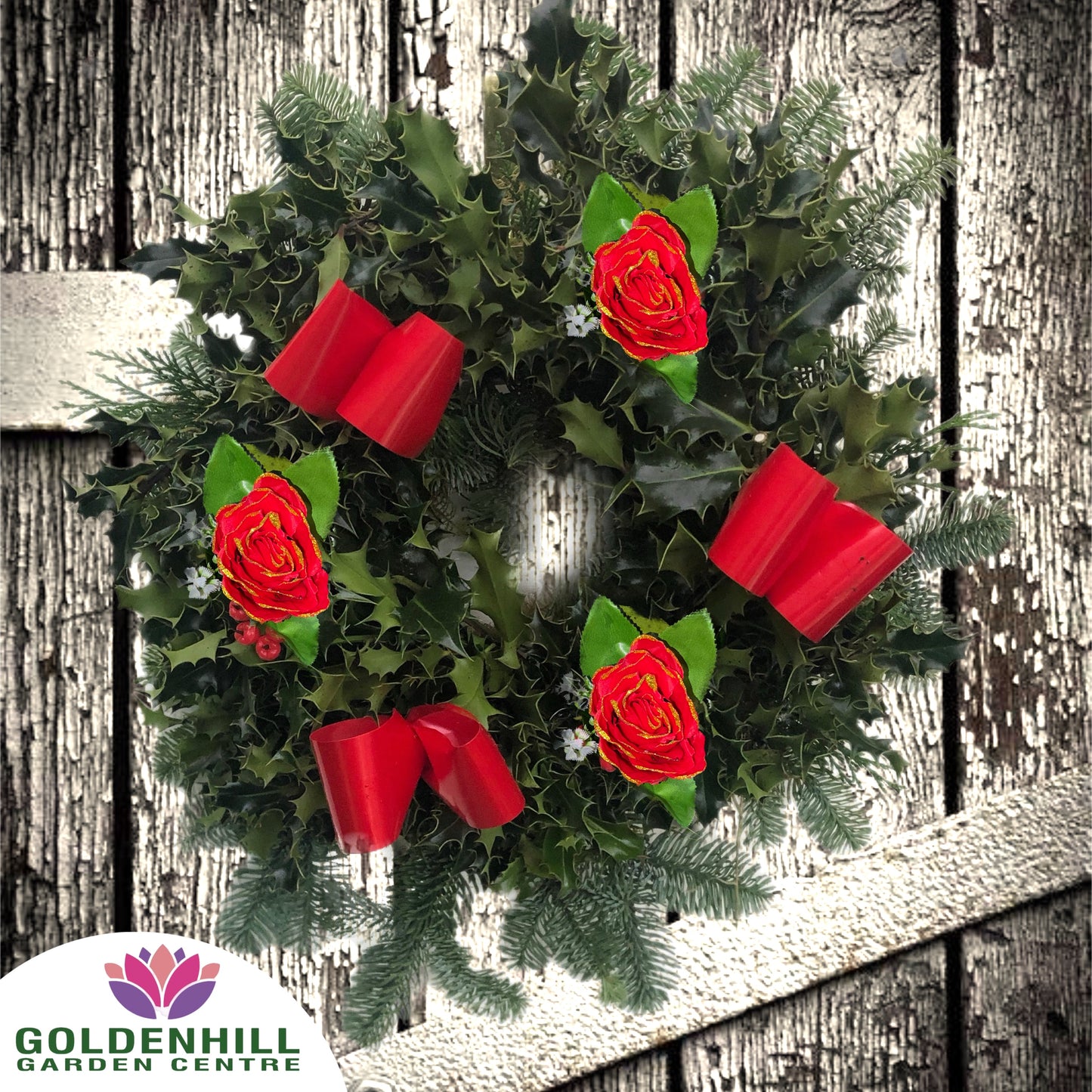 Traditional Holly Wreath with Ribbons & Christmas flowers