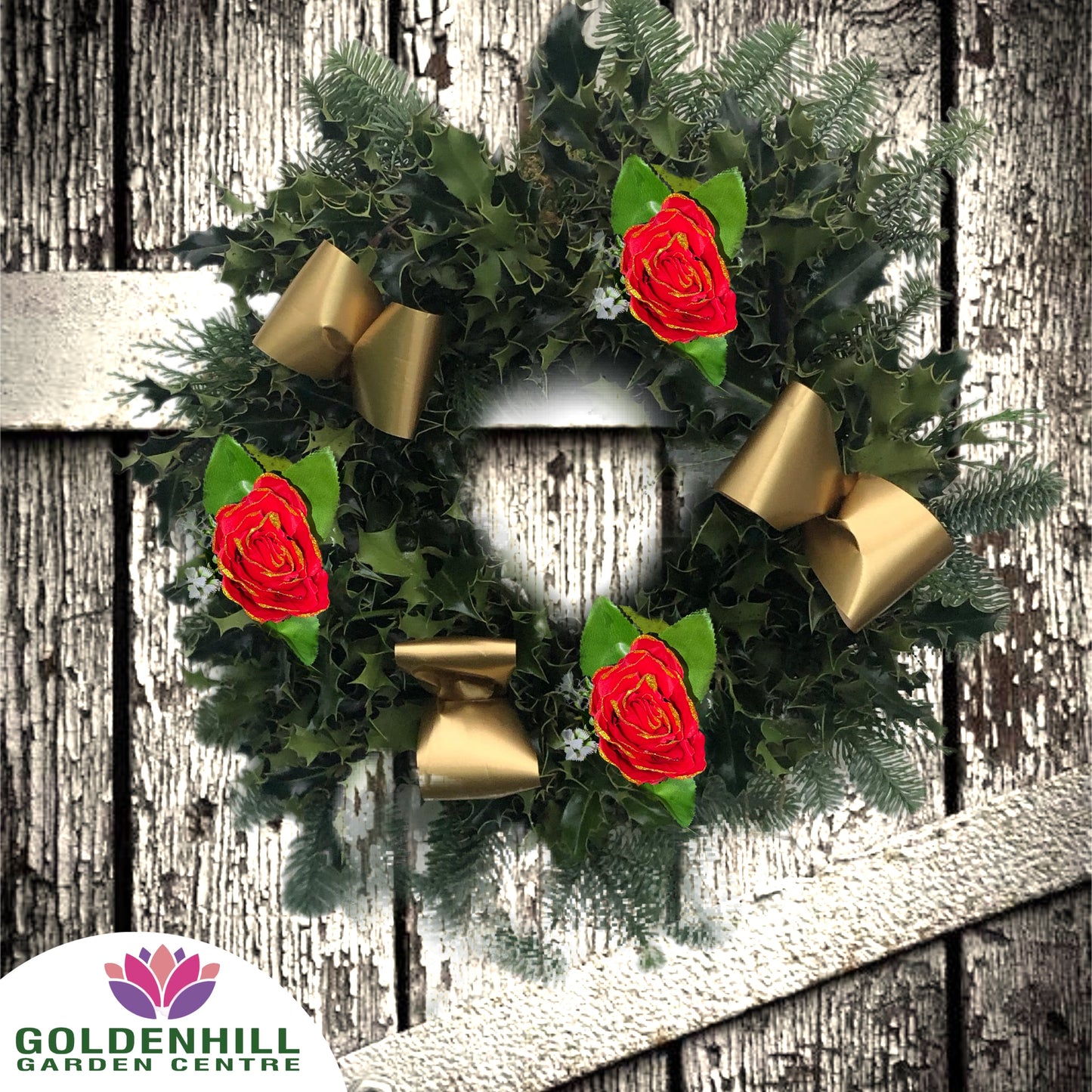 Traditional Holly Wreath with Ribbons & Christmas flowers