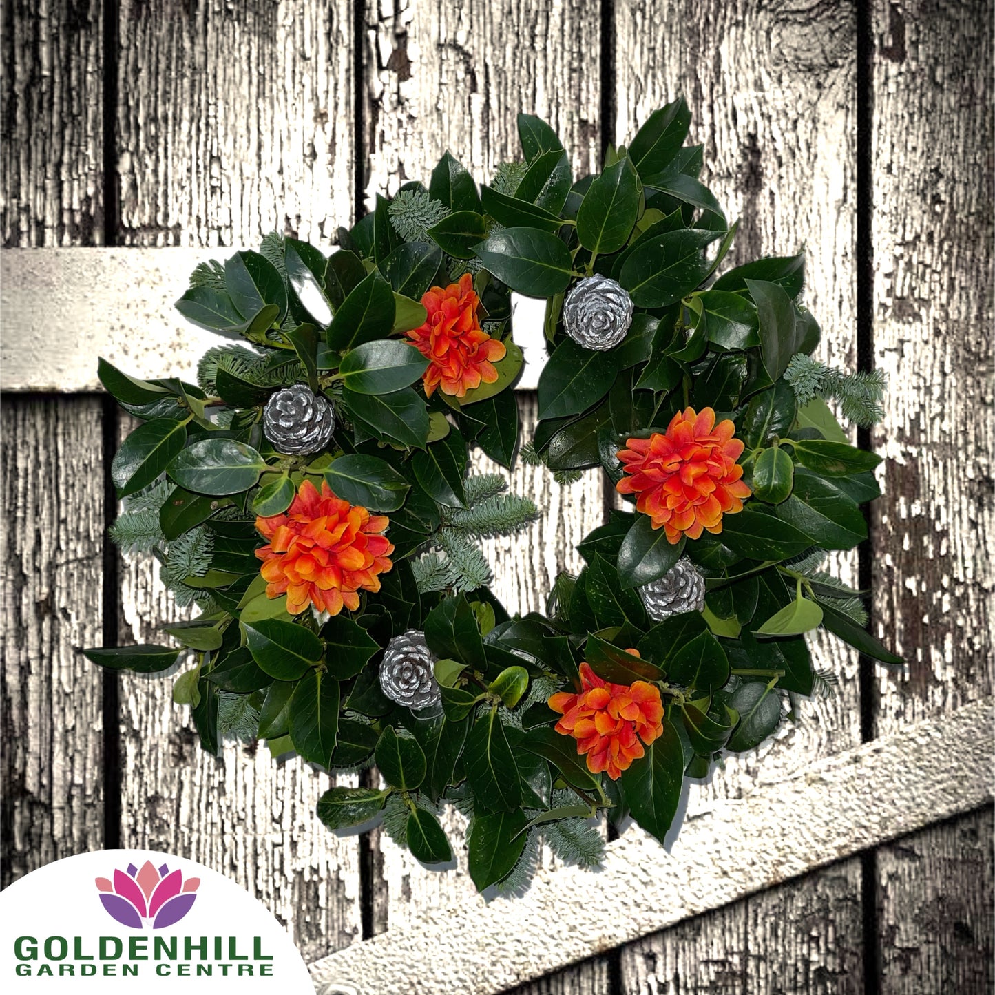Traditional Holly Wreath with Flowers & Pine Cones