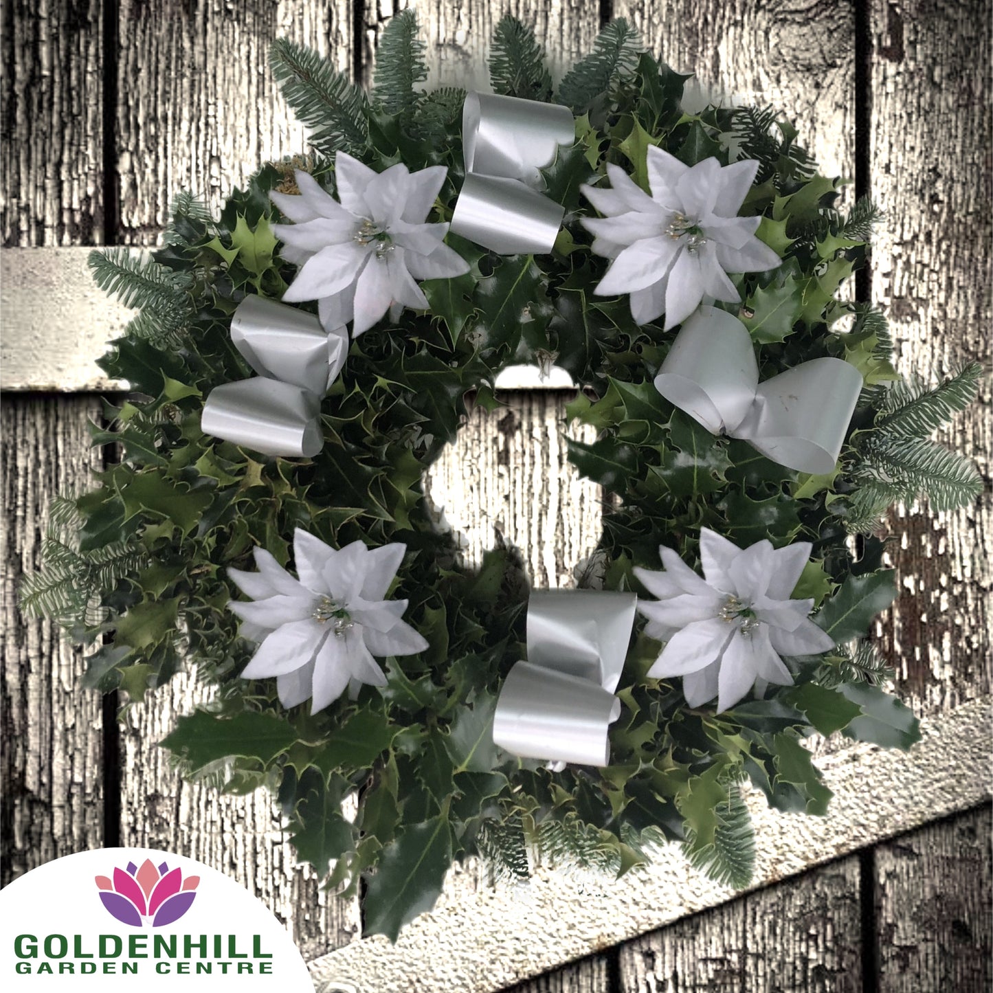 Traditional Holly Wreath with Ribbons & Christmas flowers