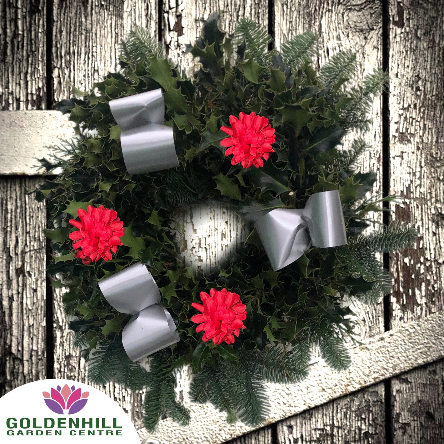 Traditional Holly Wreath Small with Flowers & Ribbons