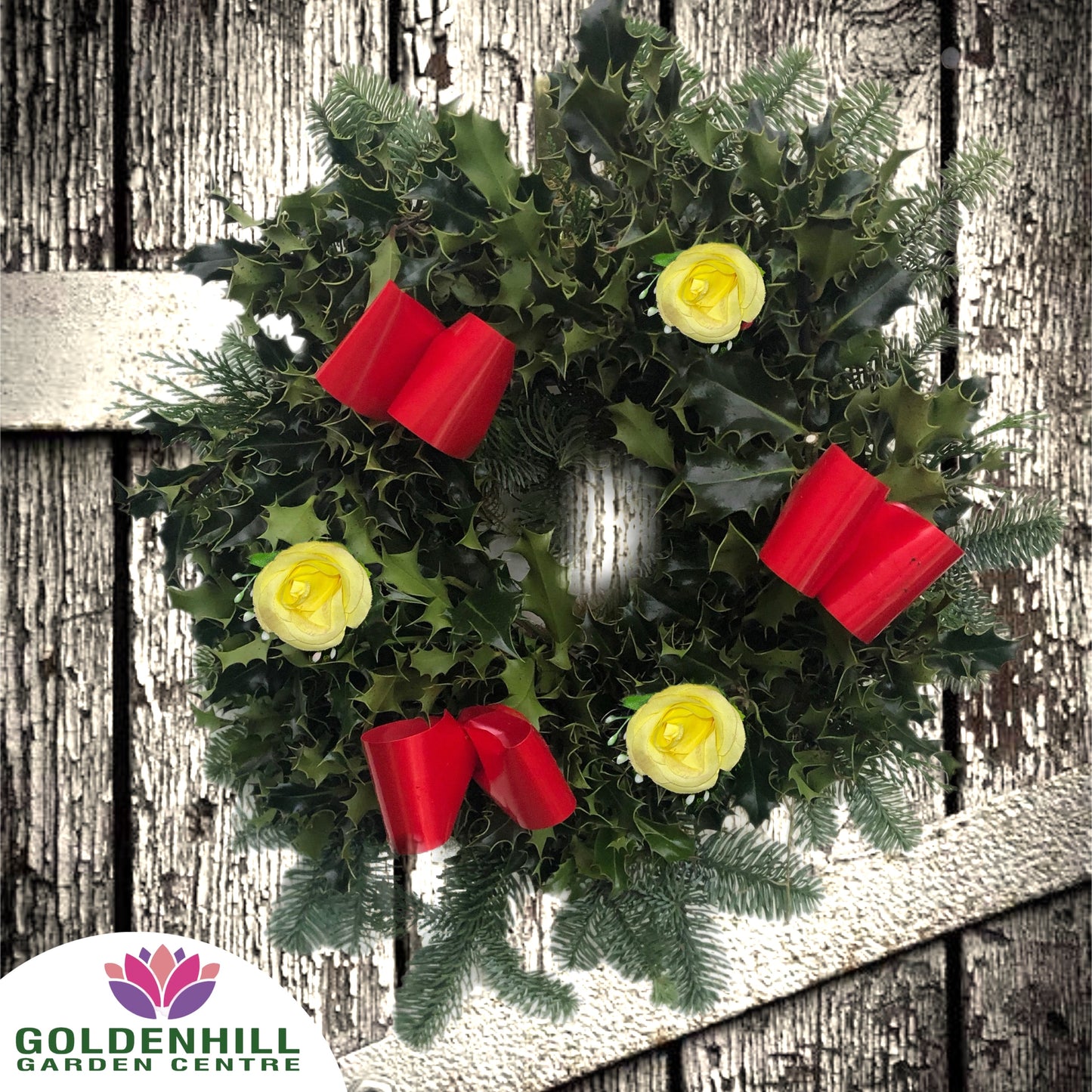Traditional Holly Wreath Small with Flowers & Ribbons