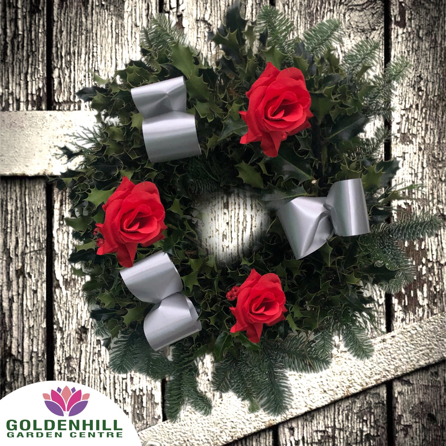 Traditional Holly Wreath Small with Flowers & Ribbons