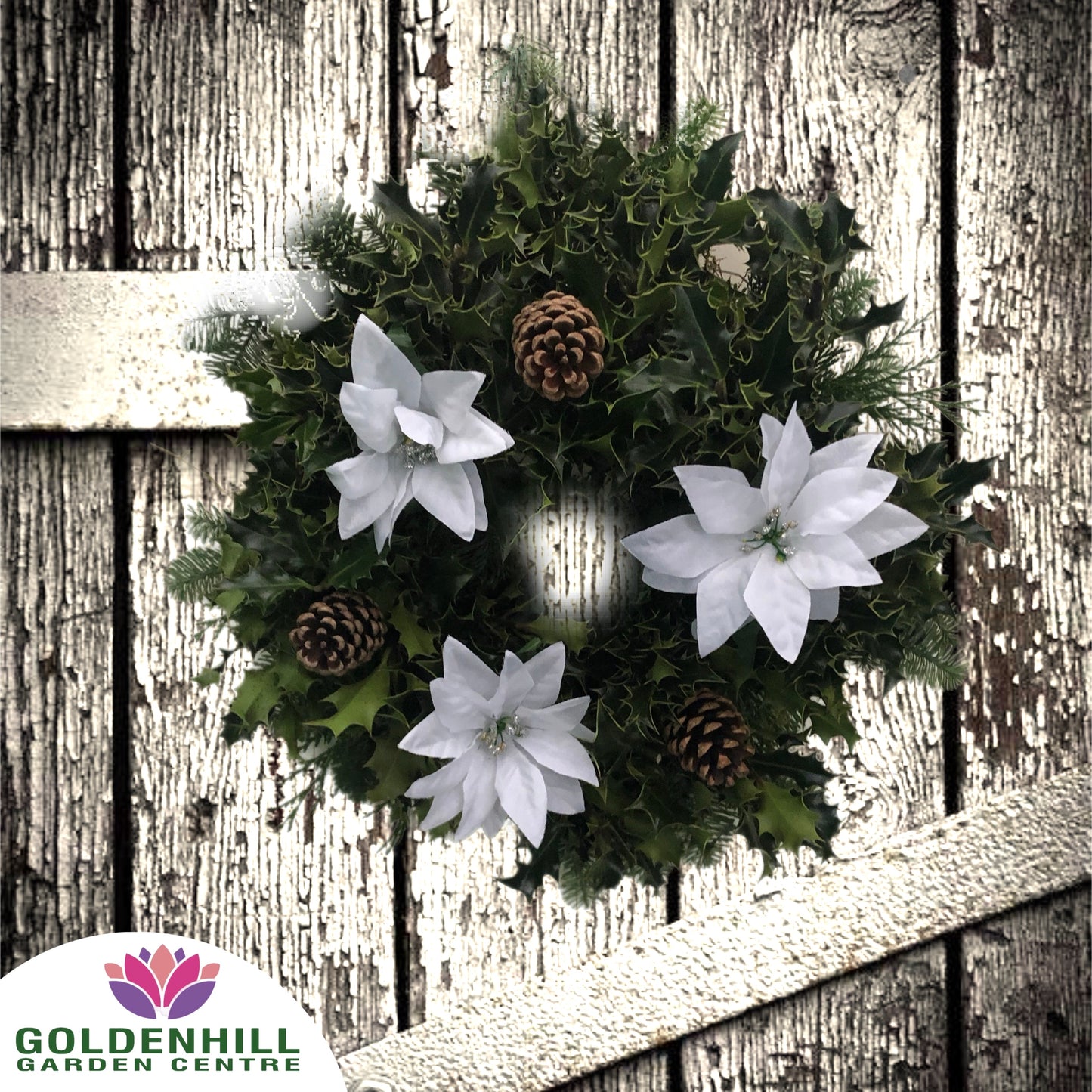 Traditional Holly Wreath with Christmas Flowers & Pine Cones